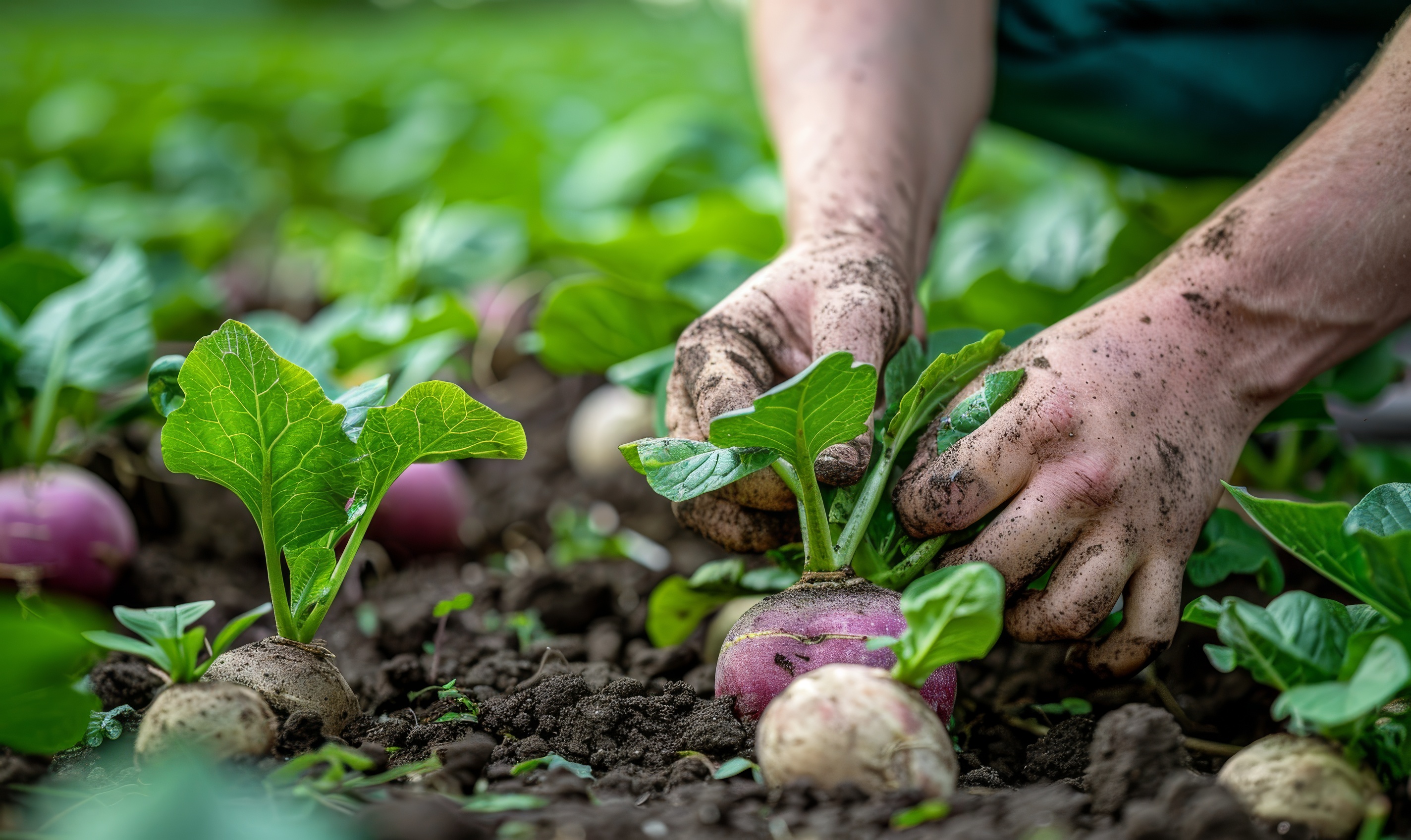 Gardener harvesting turnip roots in the spring