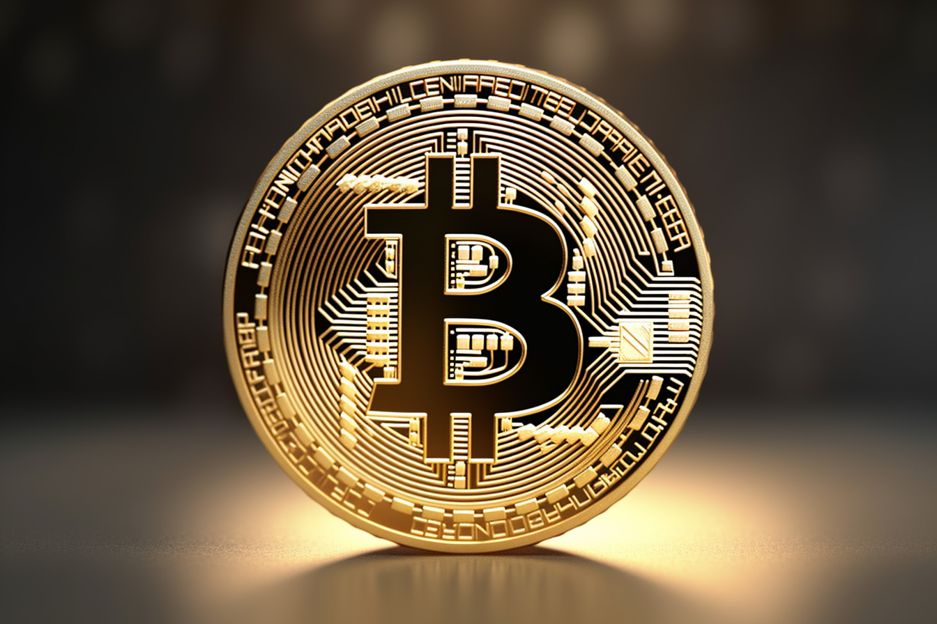 Golden coin with bitcoin symbol isolated on dark background