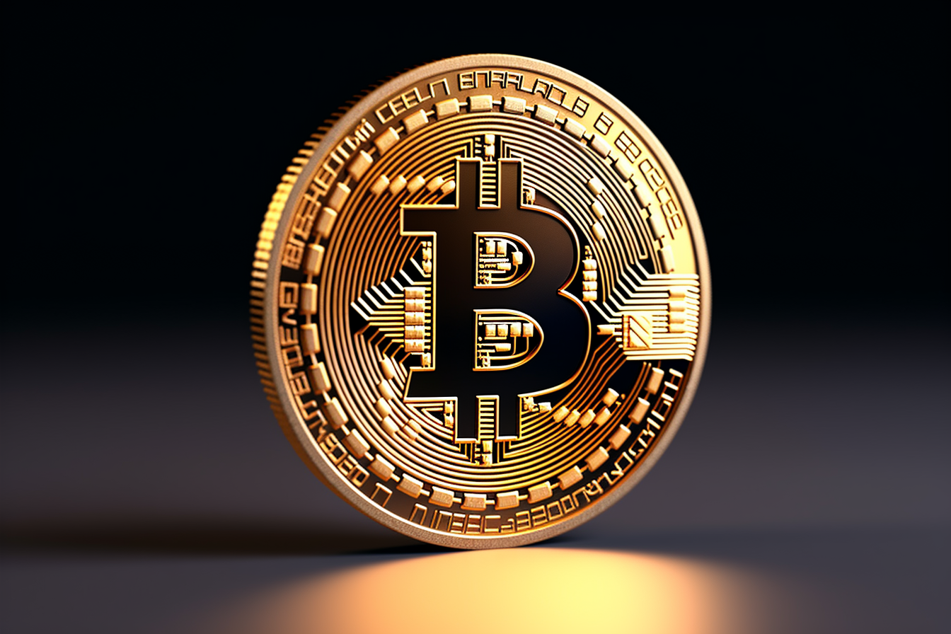 Golden coin with bitcoin symbol isolated on dark background
