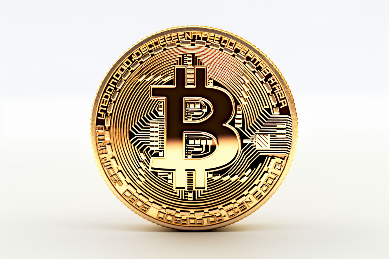 Golden coin with bitcoin symbol isolated on white background