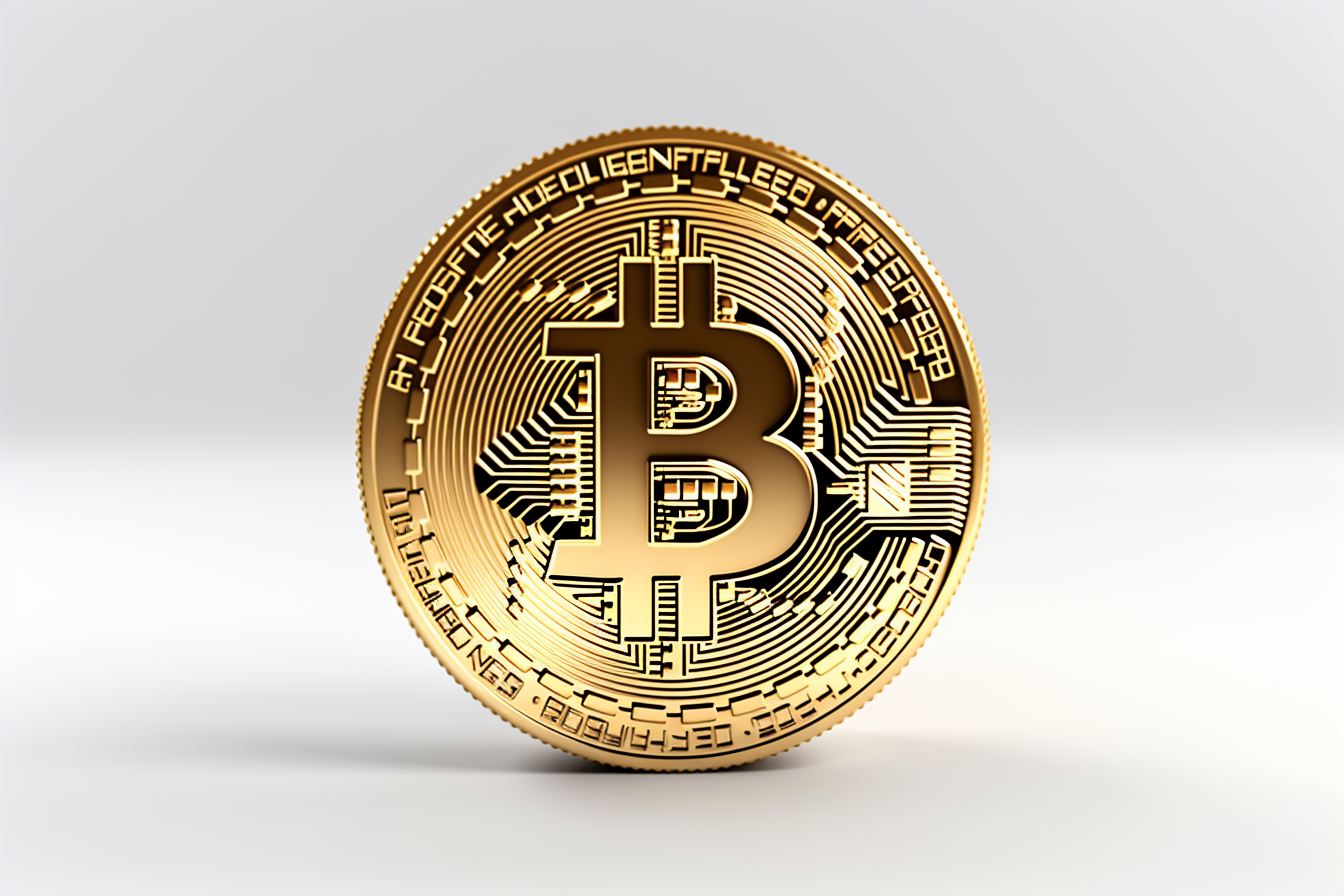 Golden coin with bitcoin symbol isolated on white background