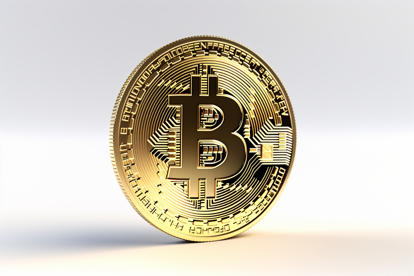 Golden coin with bitcoin symbol isolated on white background