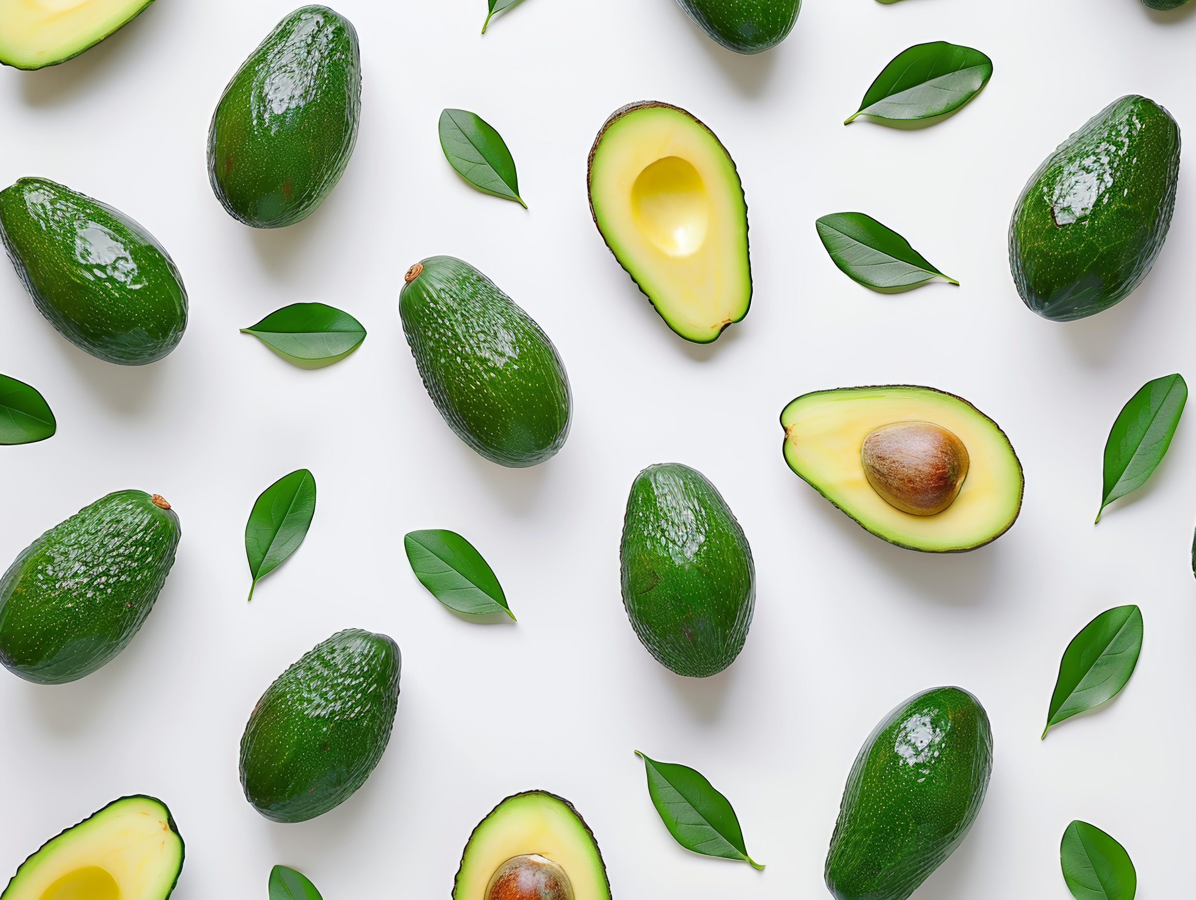 Green and fresh Avocados on white background