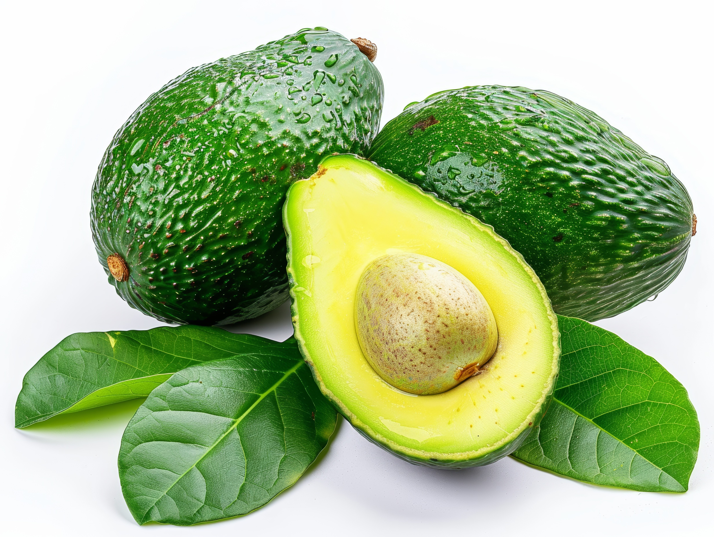 Green and fresh Avocados on white background