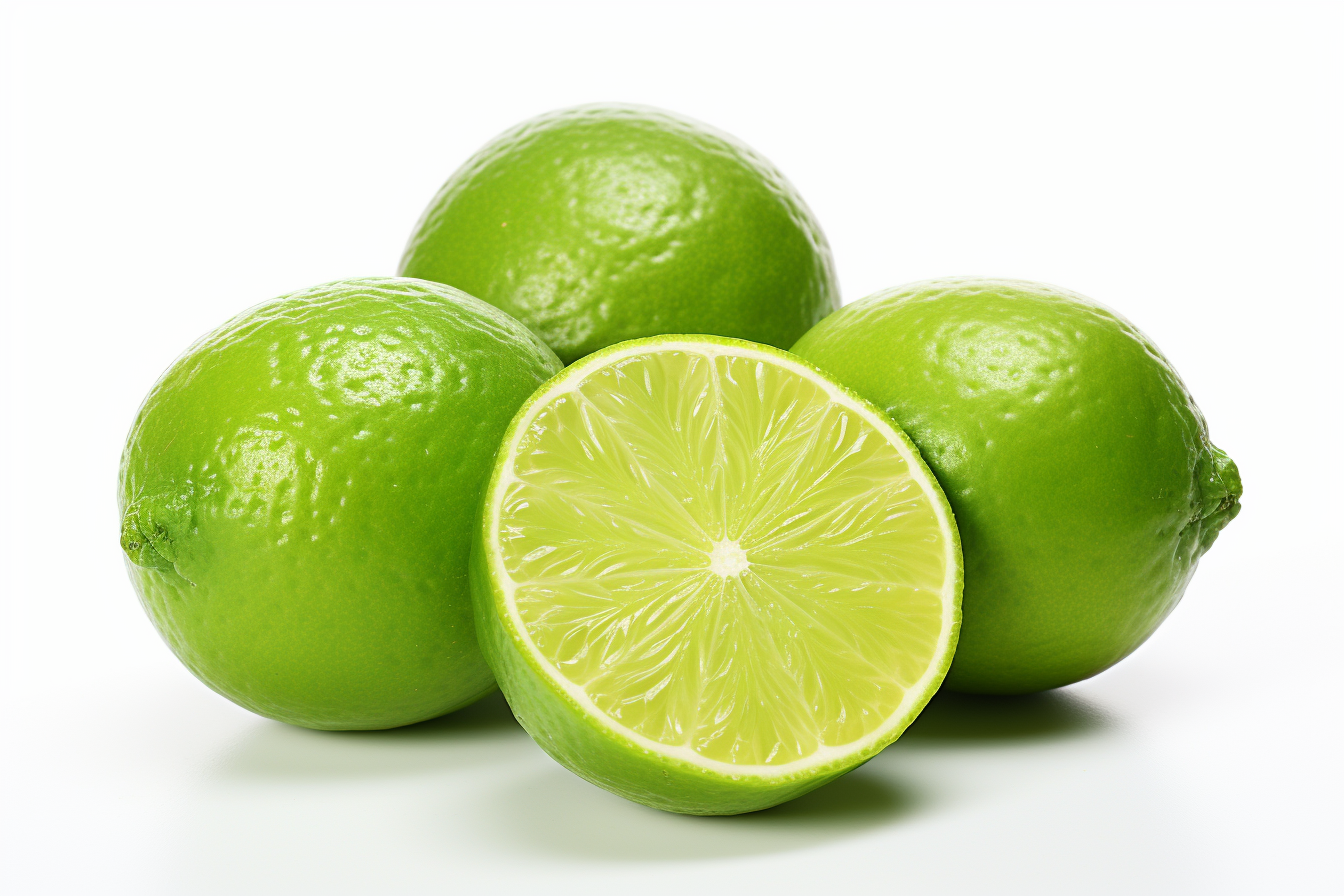 Green lime with cut in half and slices isolated on white background