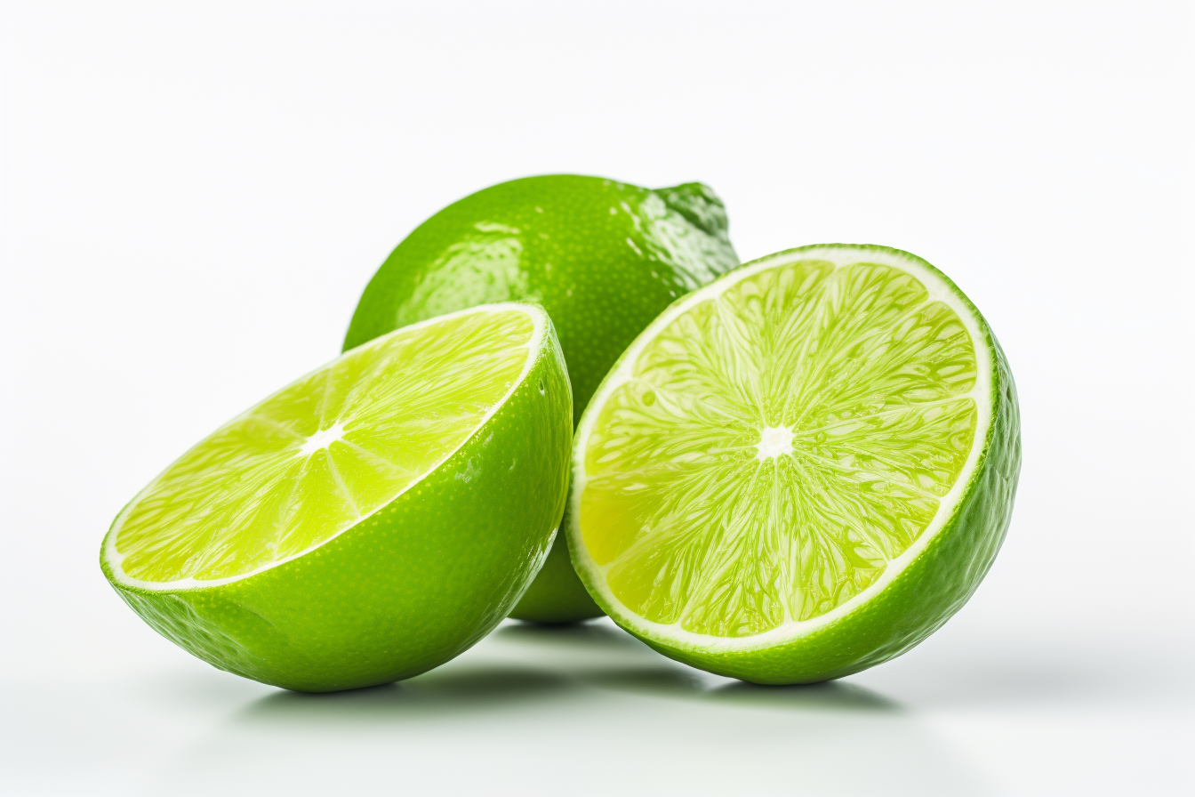 Green lime with cut in half and slices isolated on white background