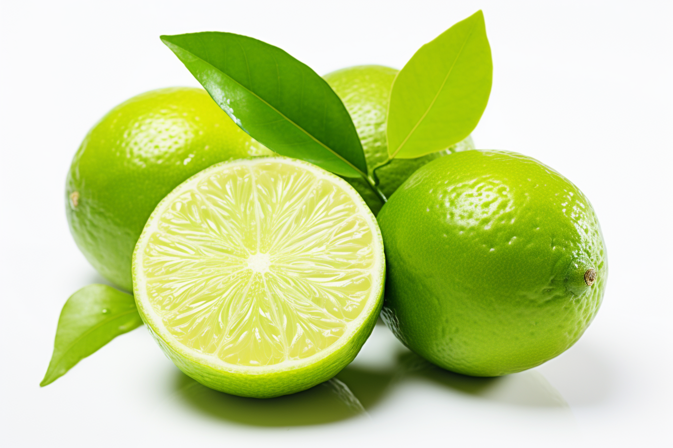 Green lime with cut in half and slices isolated on white background