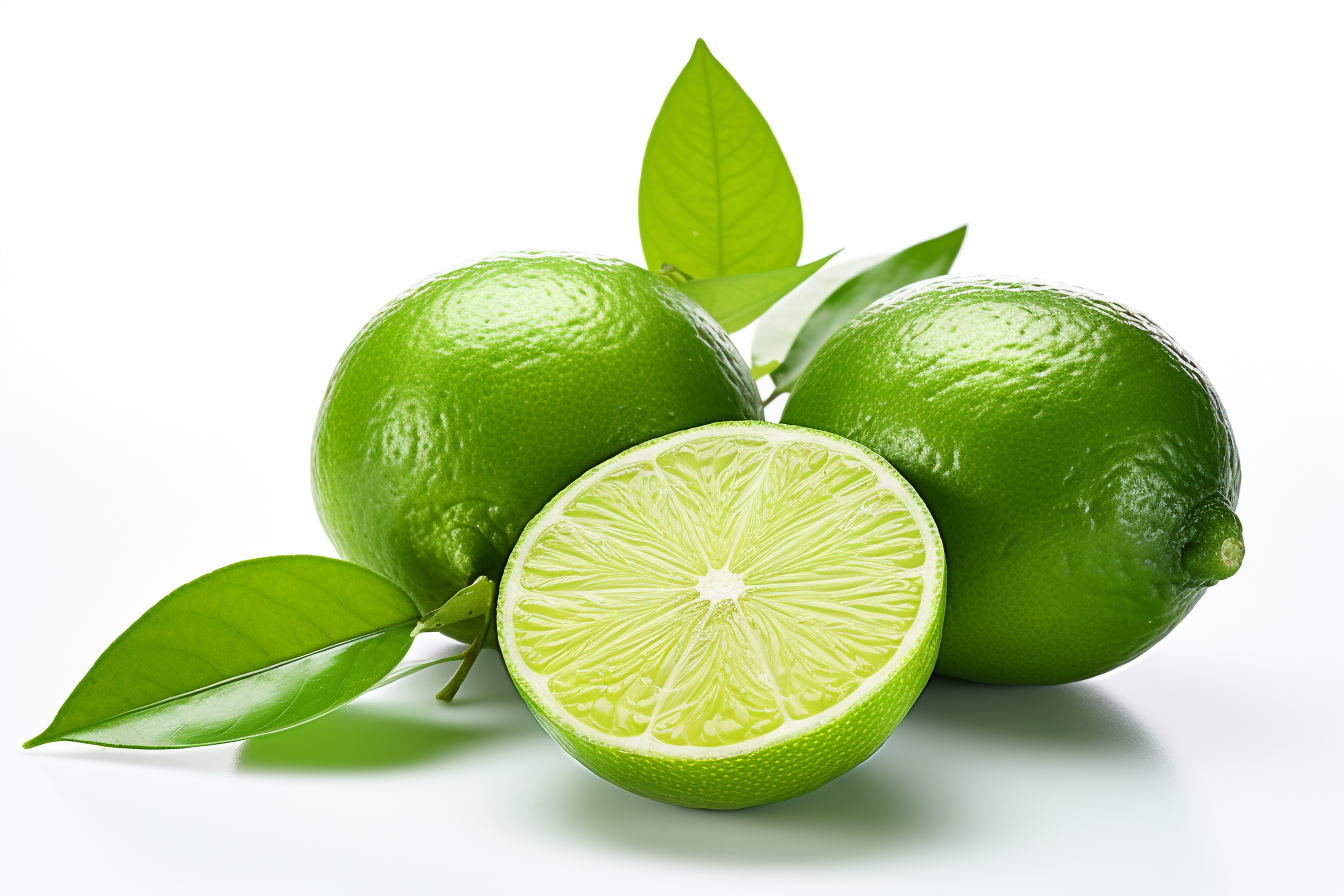 Green lime with cut in half and slices isolated on white background