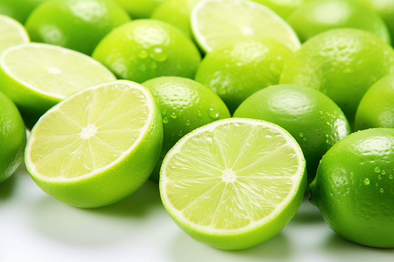 Green lime with cut in half and slices isolated on white background