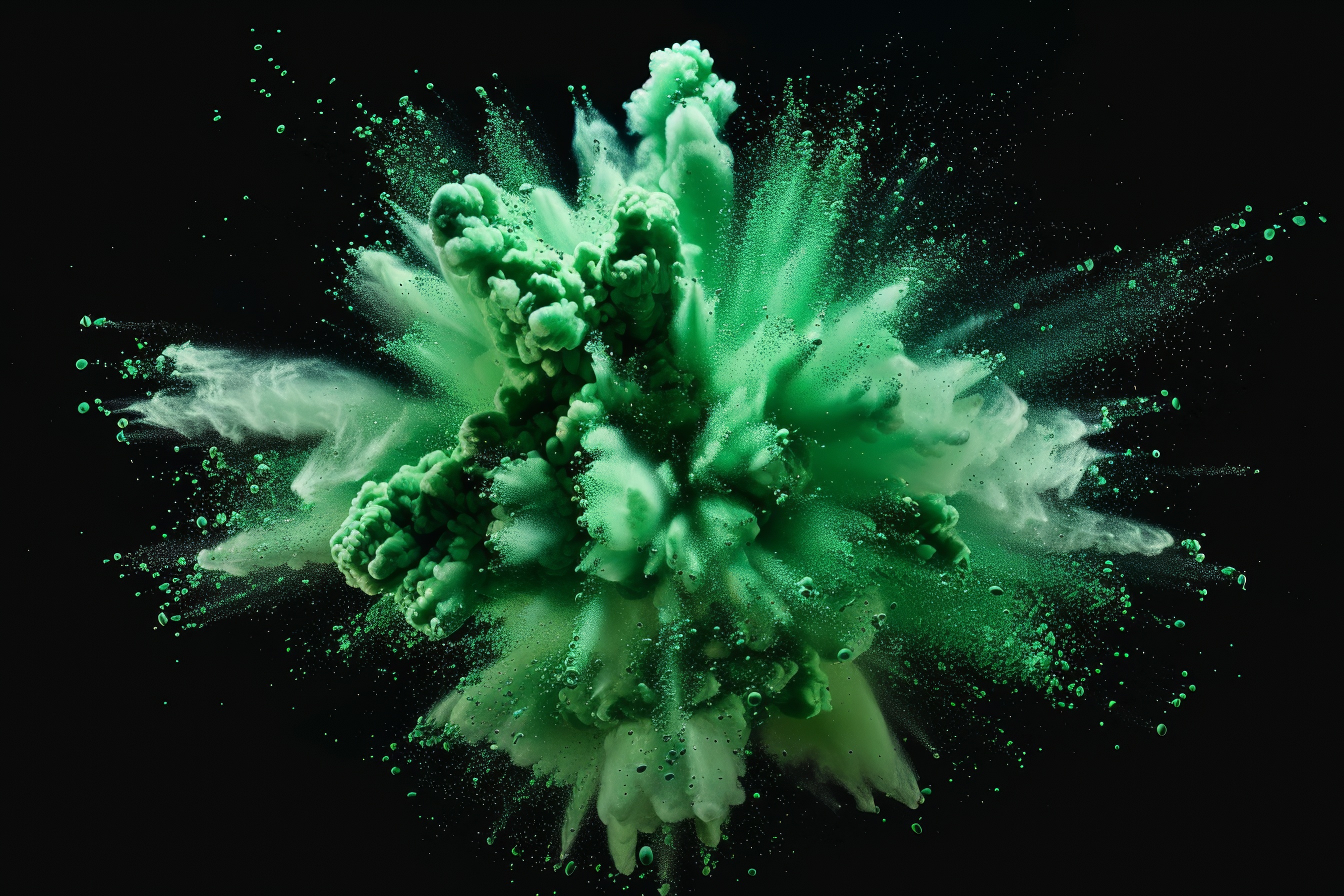 Green powder explosion on black background