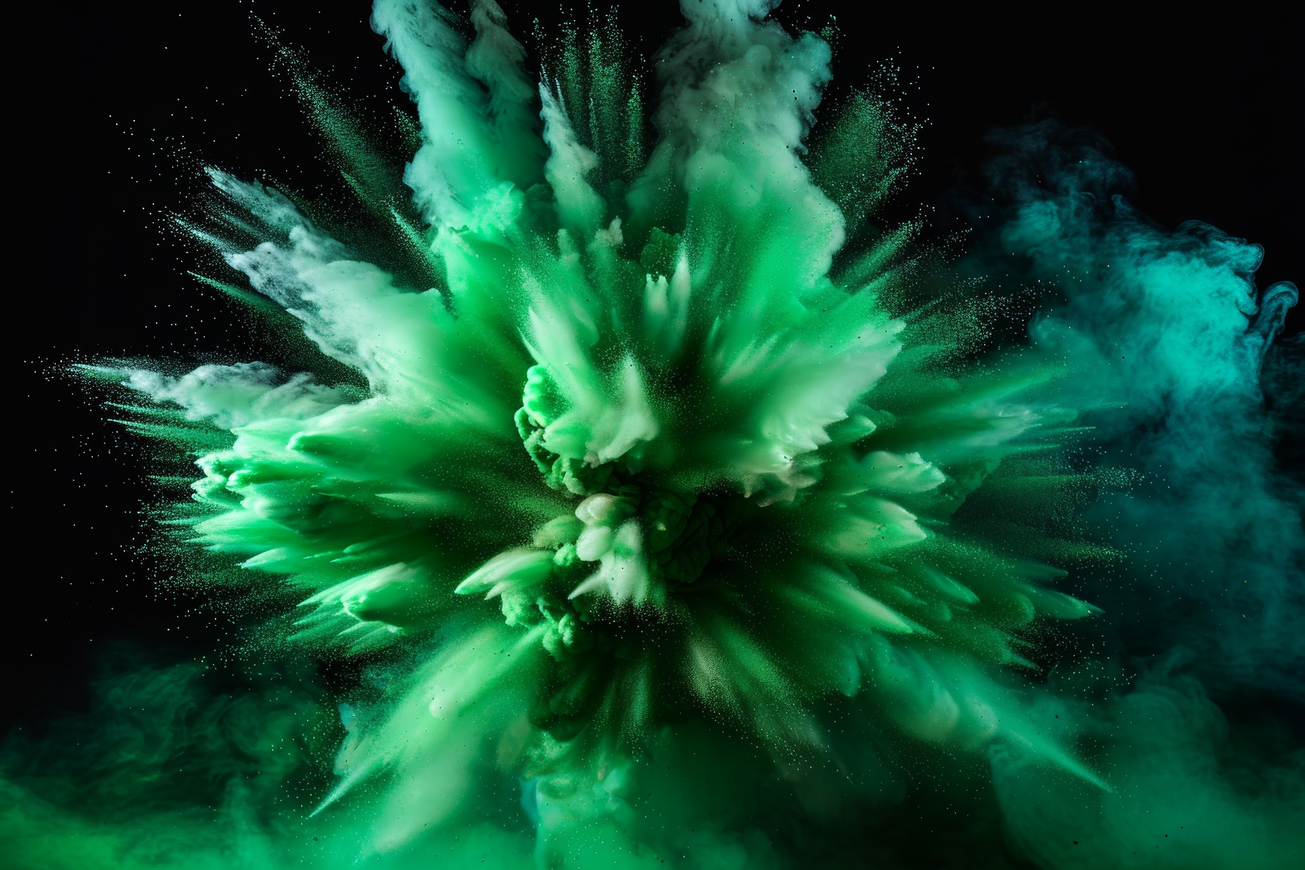 Green powder explosion on black background