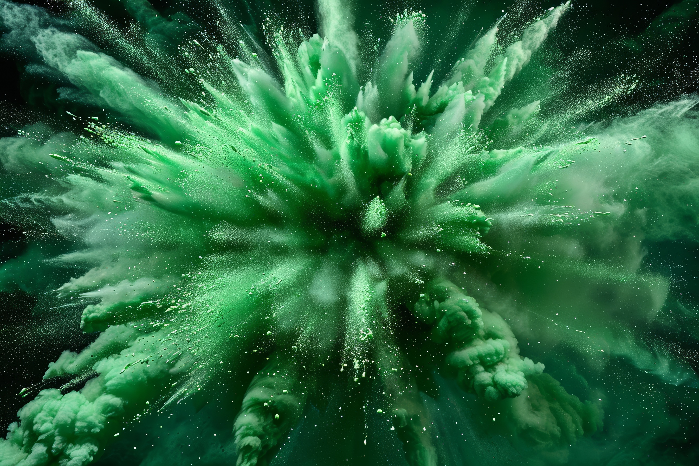 Green powder explosion on black background