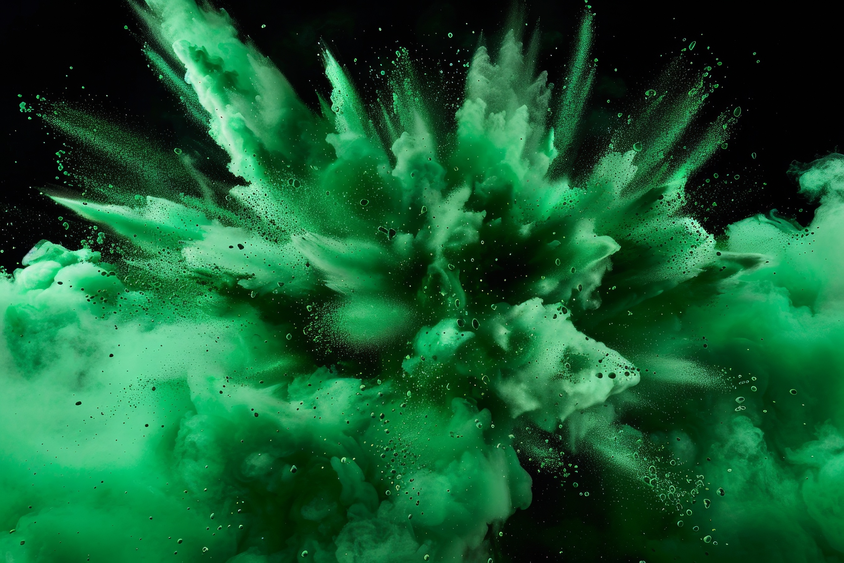 Green powder explosion on black background