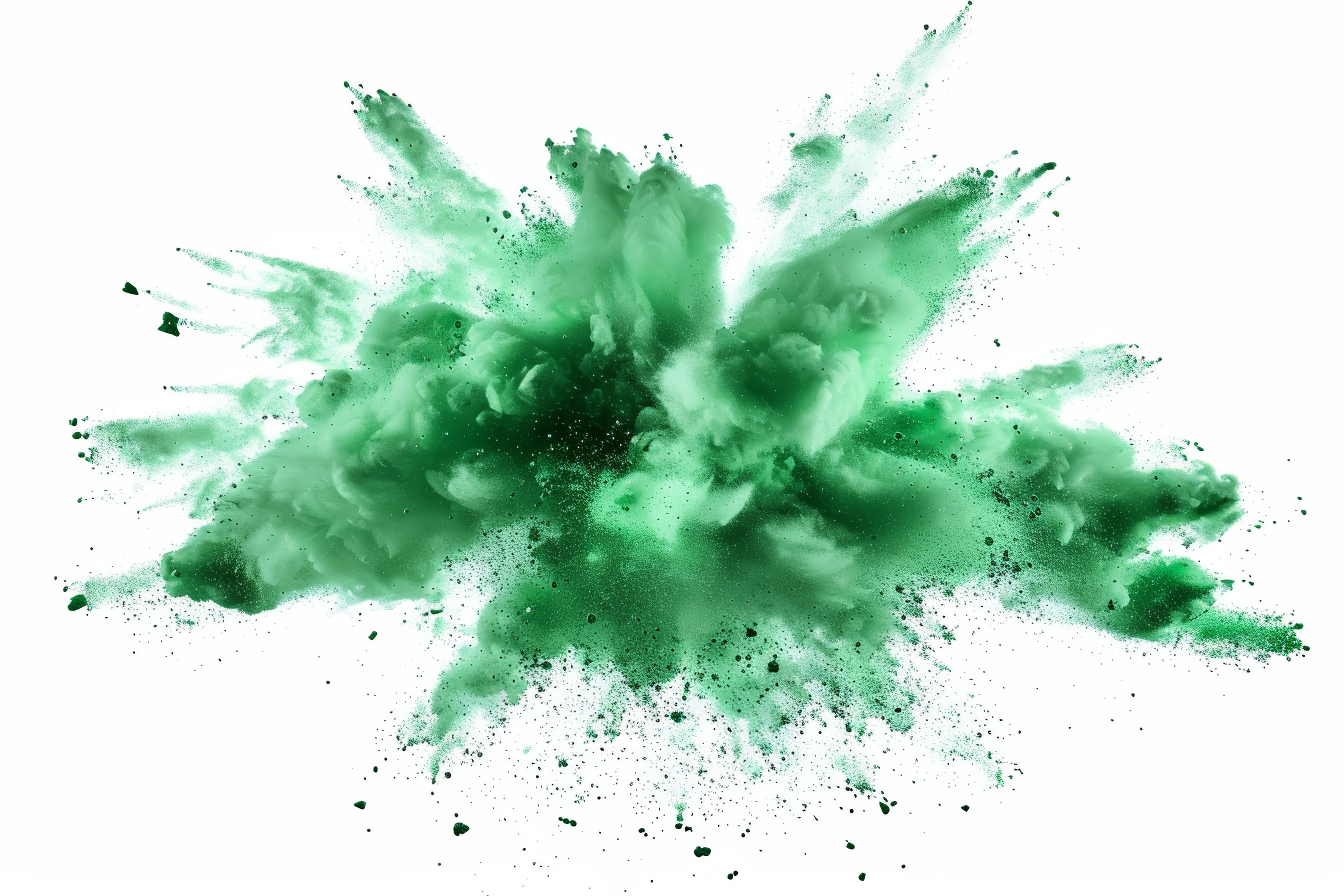 Green powder explosion on white background