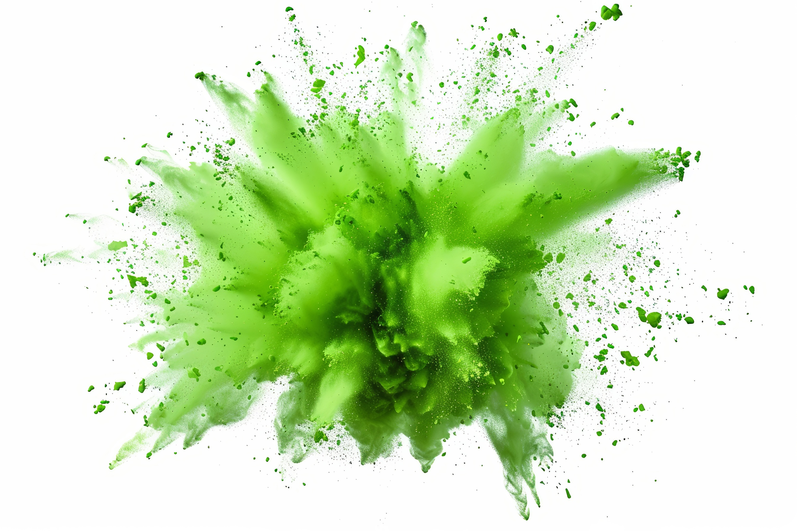 Green powder explosion on white background