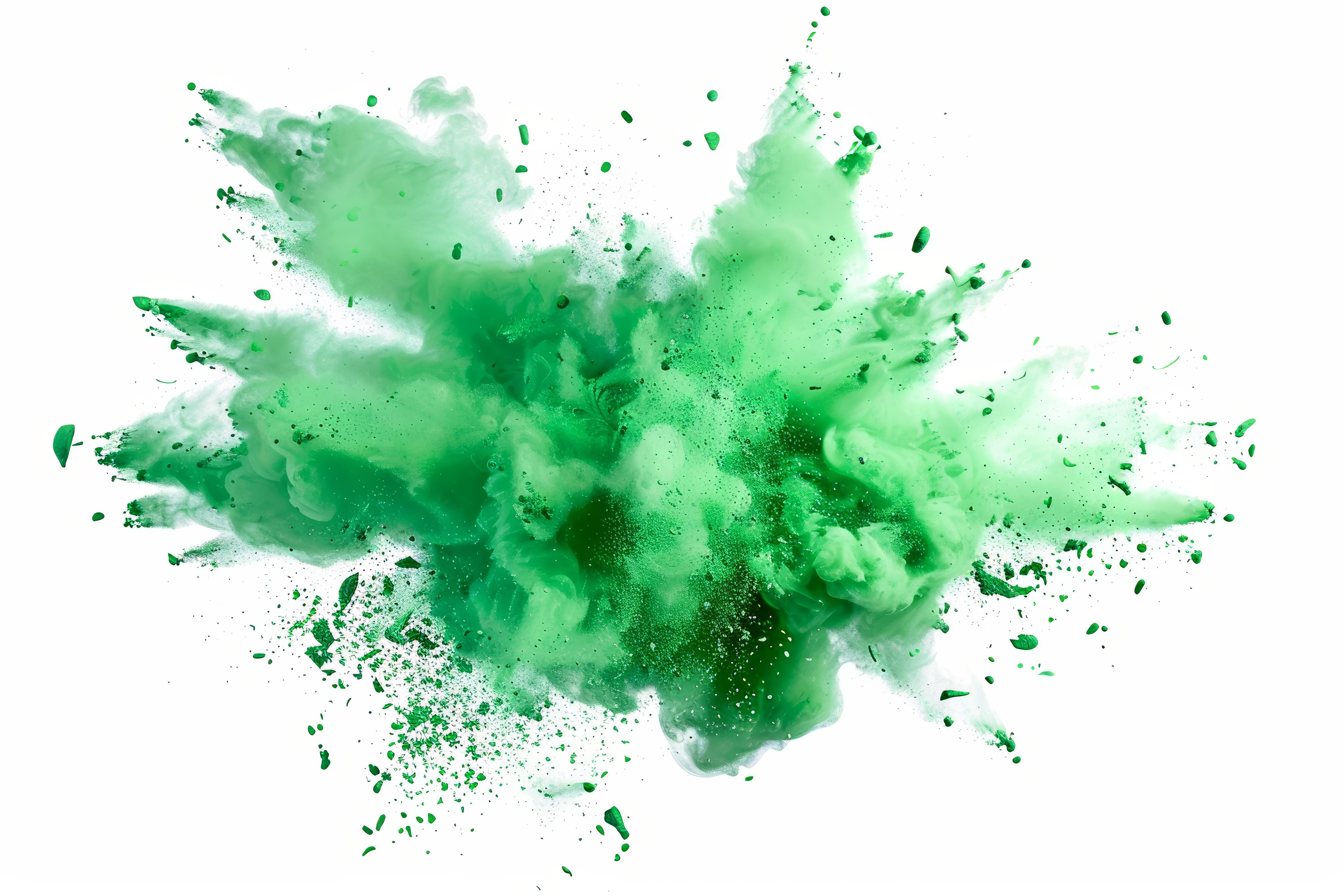 Green powder explosion on white background