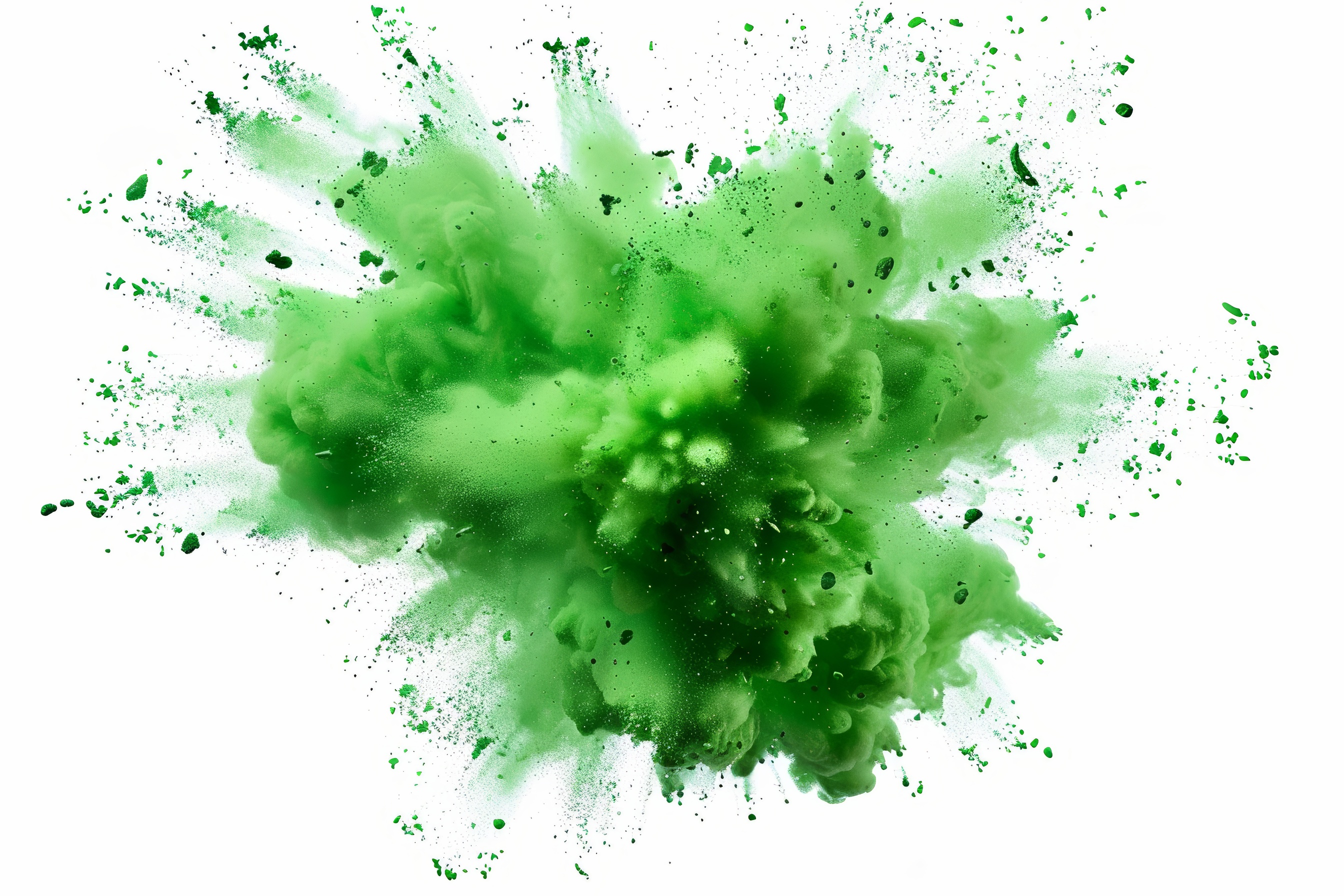 Green powder explosion on white background