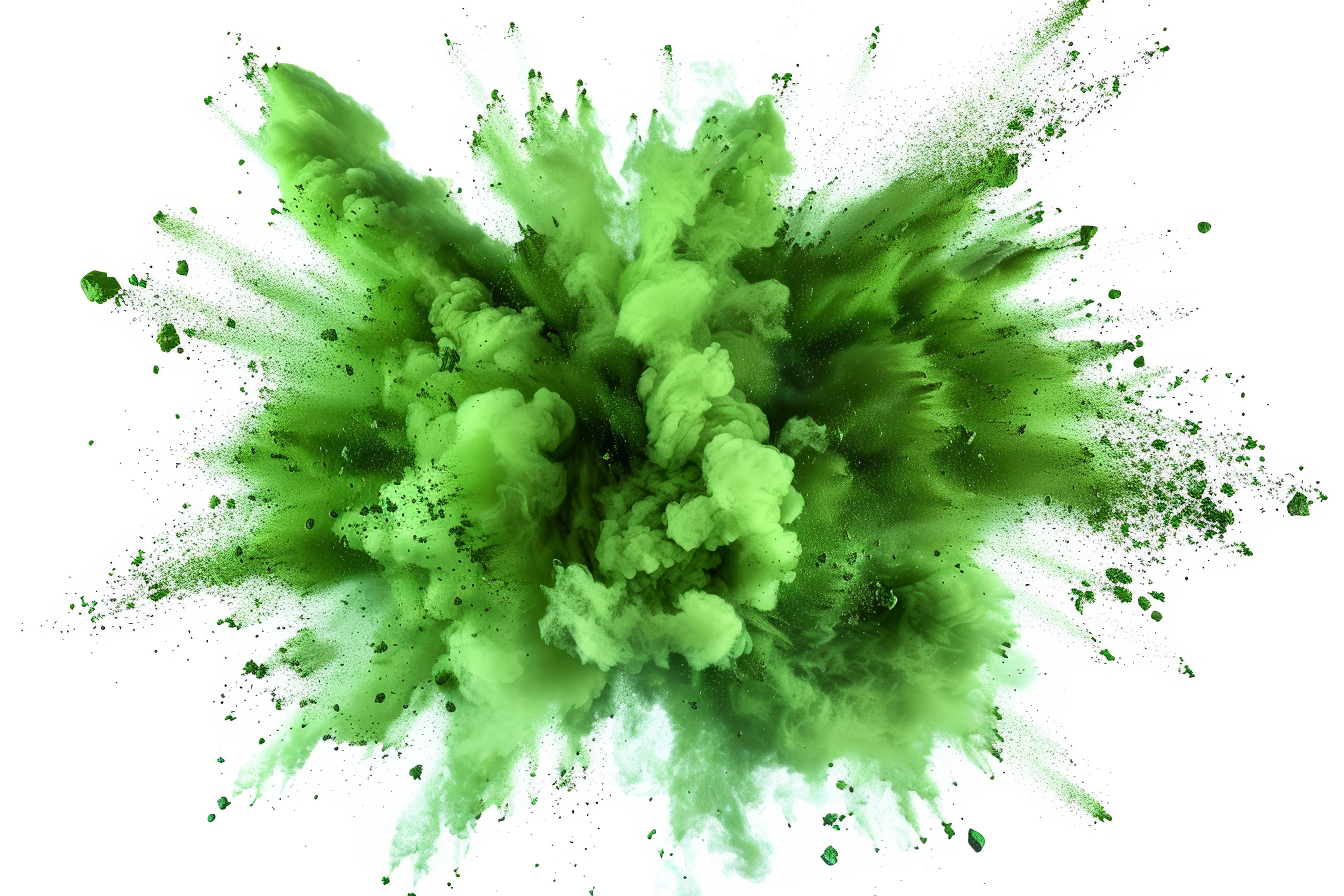 Green powder explosion on white background