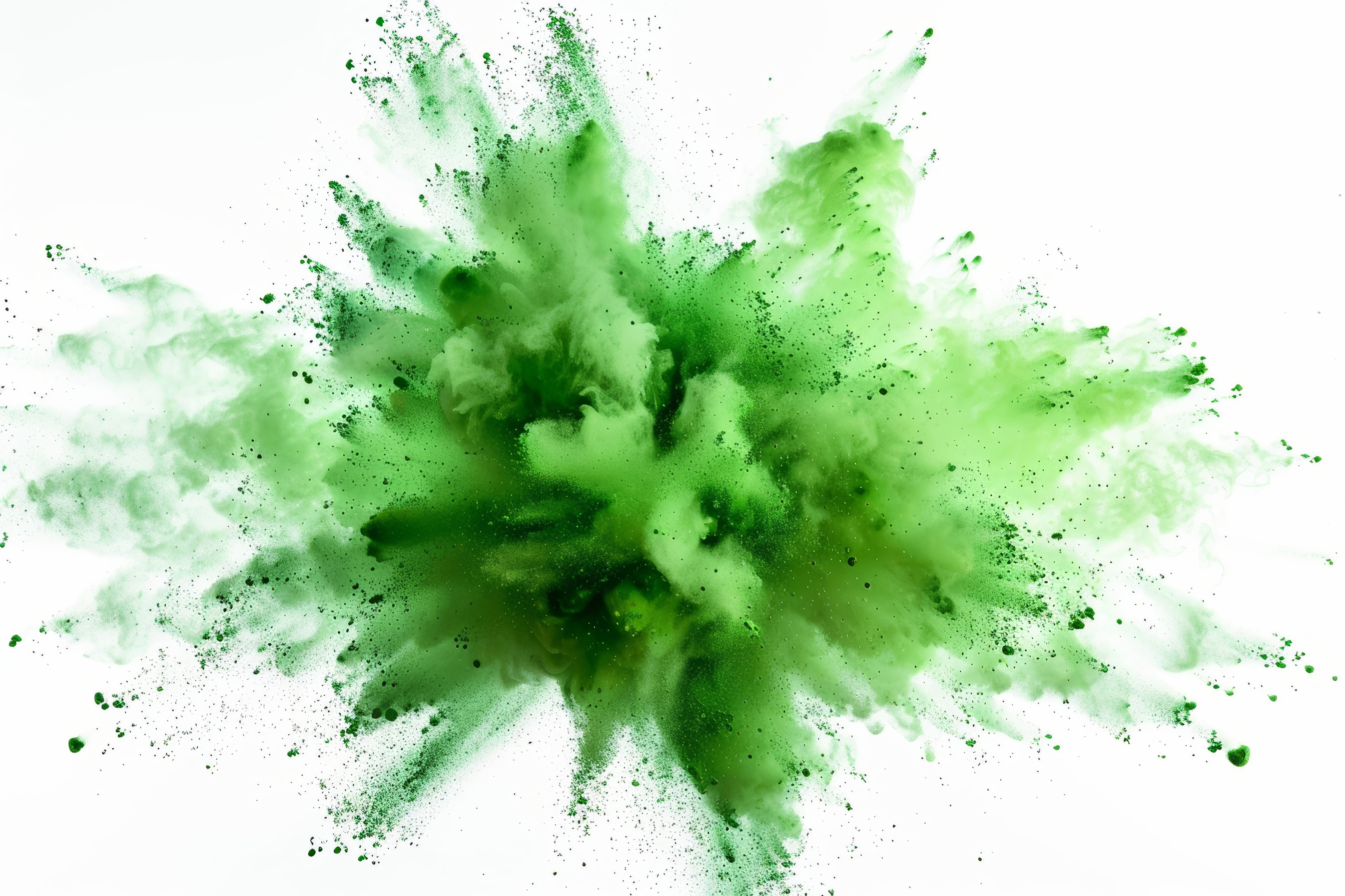 Green powder explosion on white background