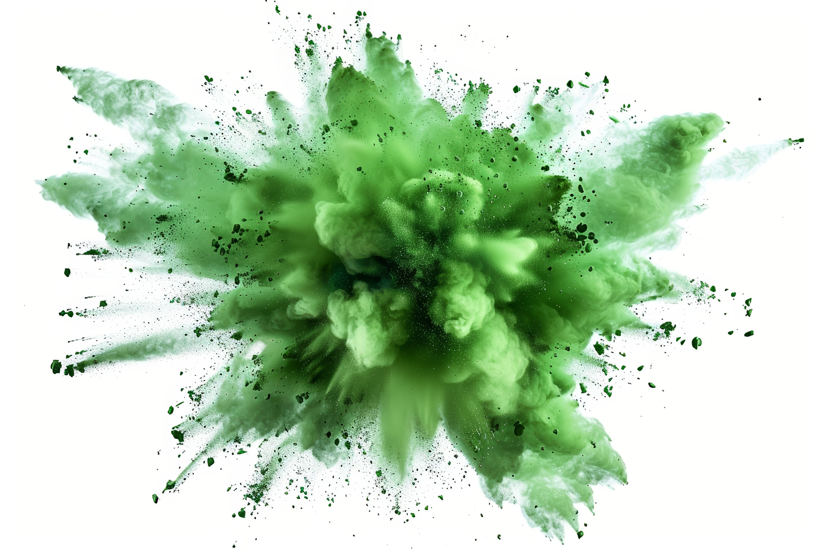 Green powder explosion on white background