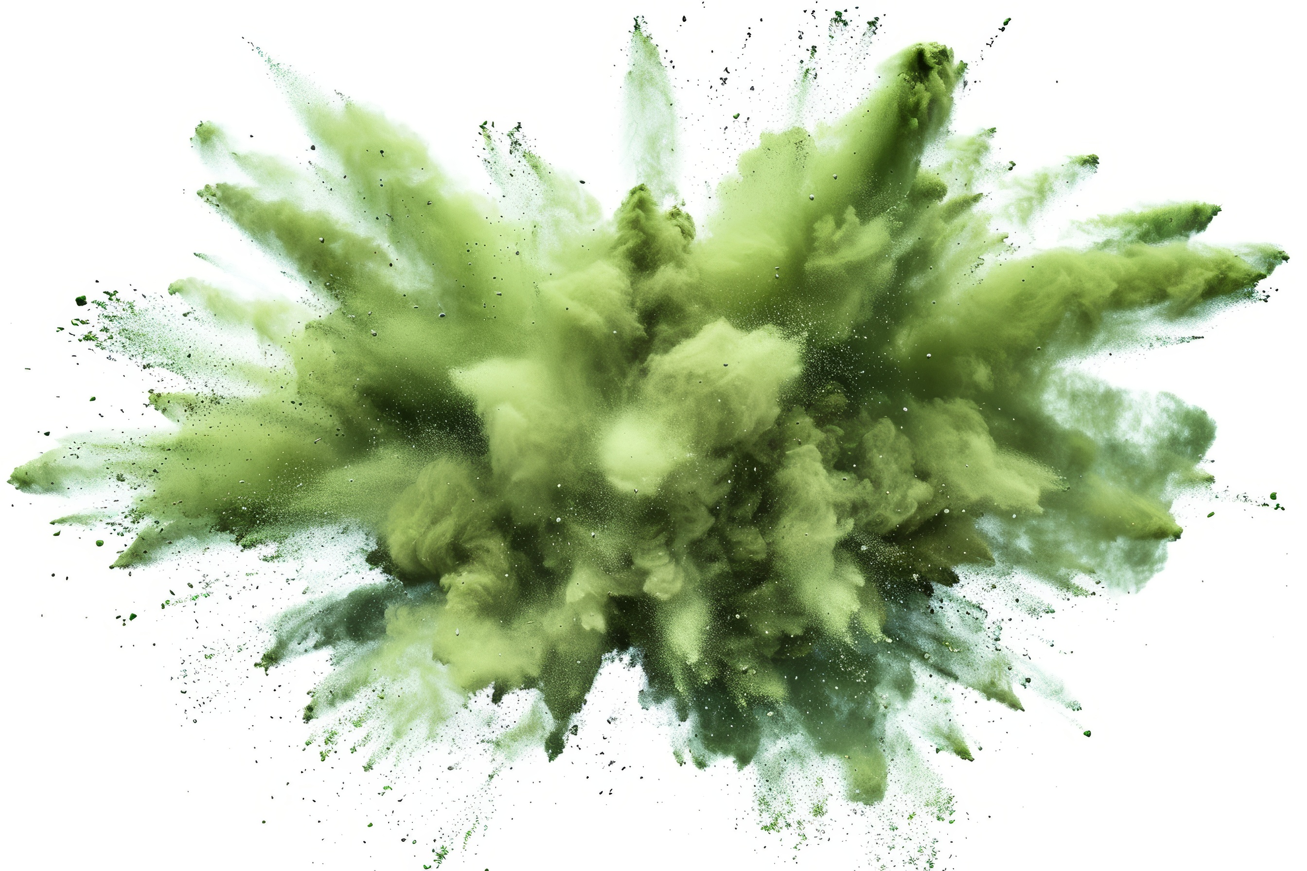 Green powder explosion on white background