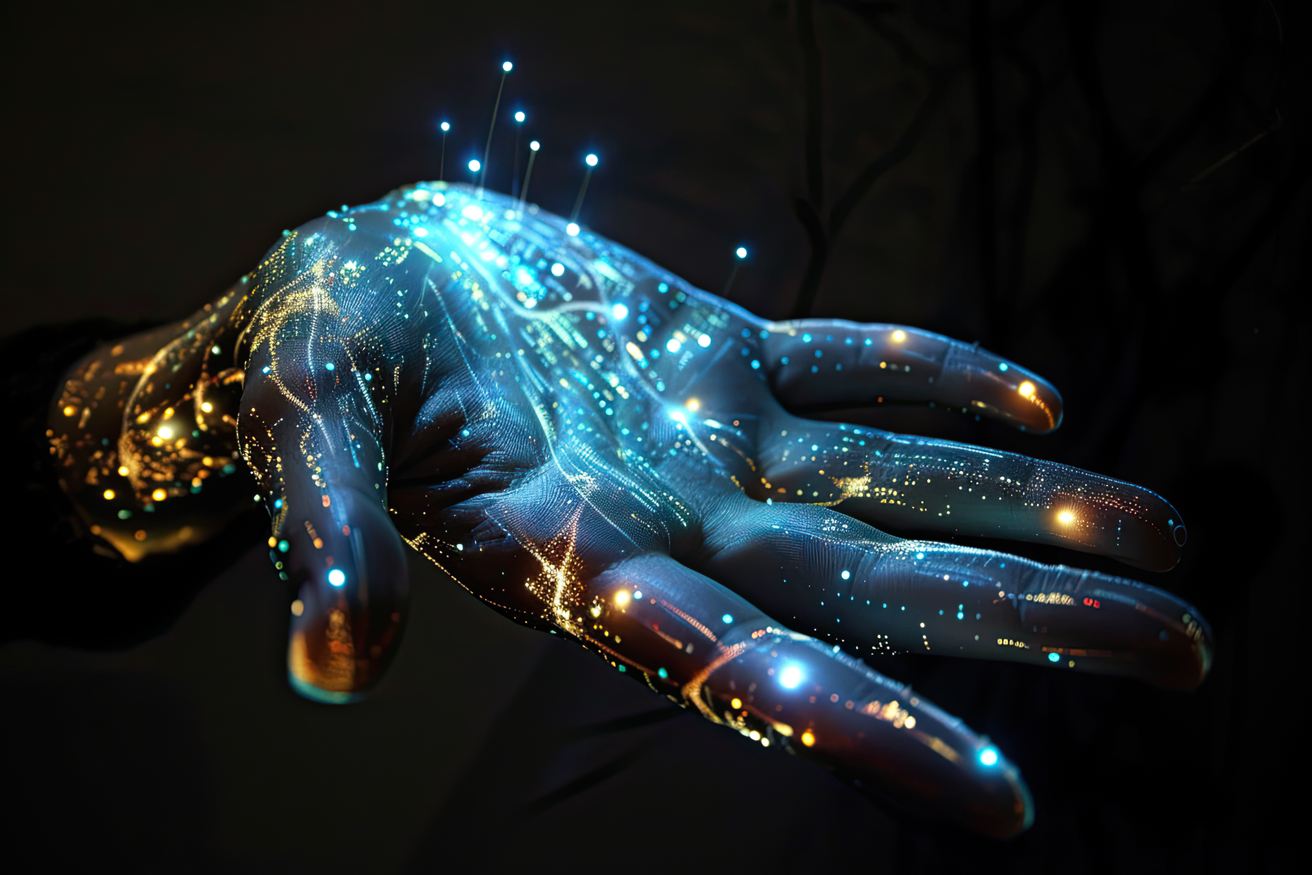 Hand of glowing blue and yellow particles, artificial arm, technology concept