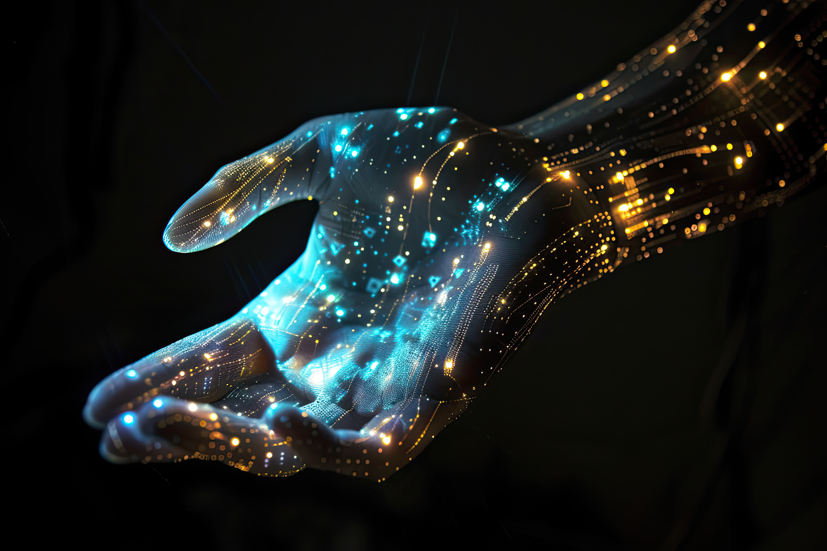 Hand of glowing blue and yellow particles, artificial arm, technology concept