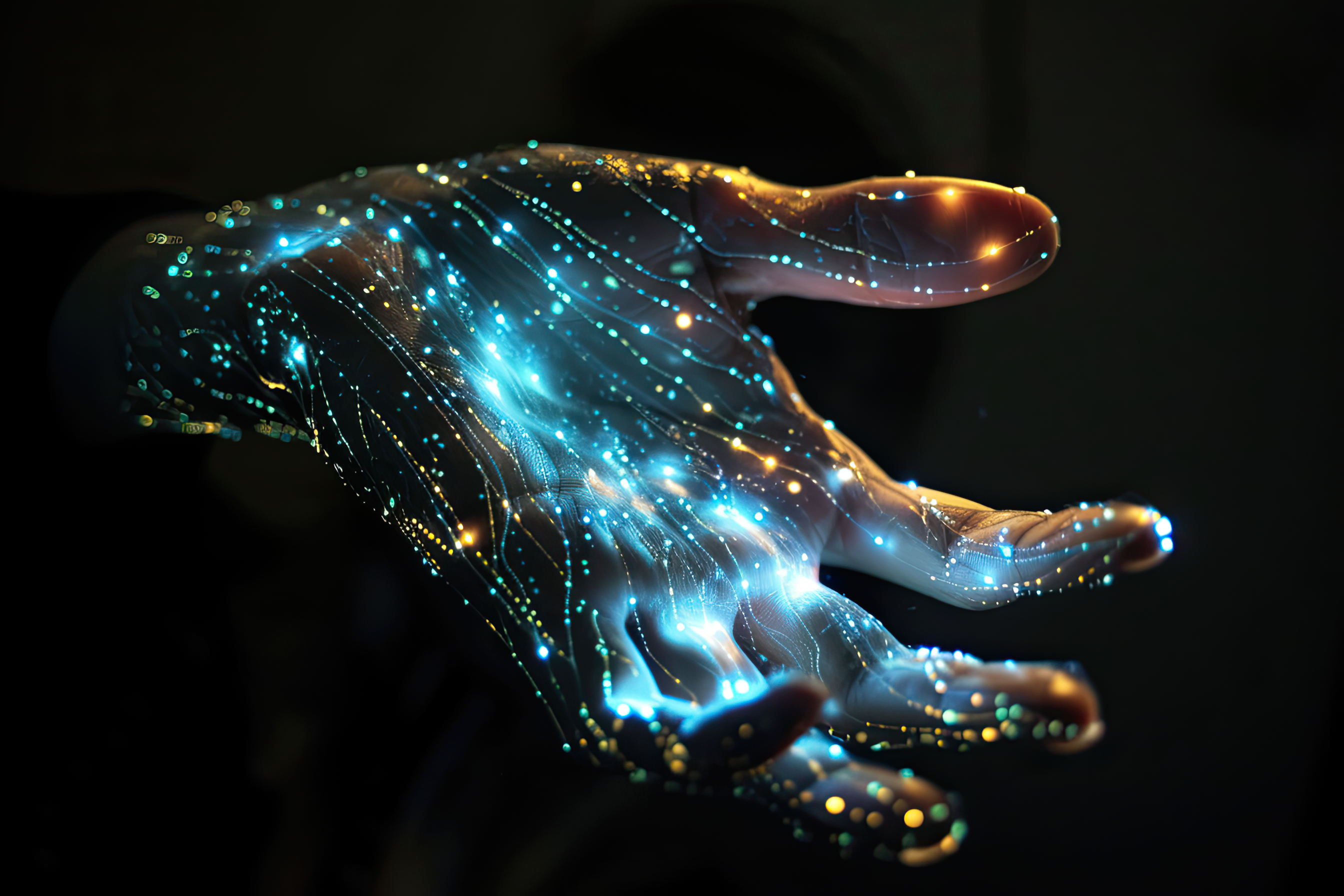 Hand of glowing blue and yellow particles, artificial arm, technology concept