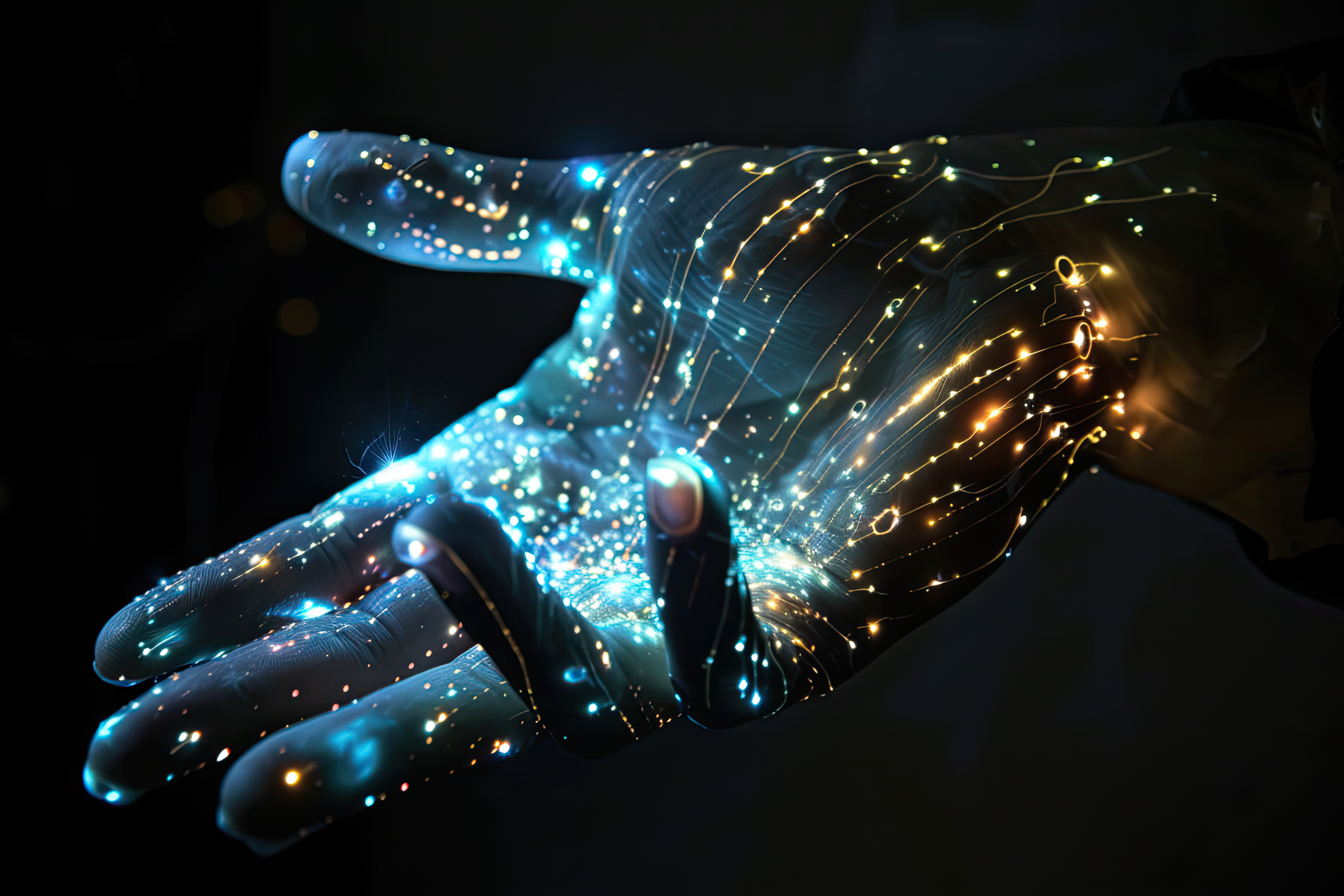Hand of glowing blue and yellow particles, artificial arm, technology concept