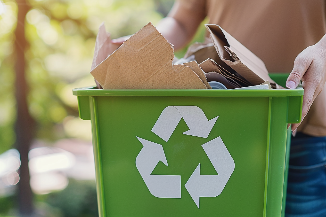 Hands holding green recycling bin full of garbage