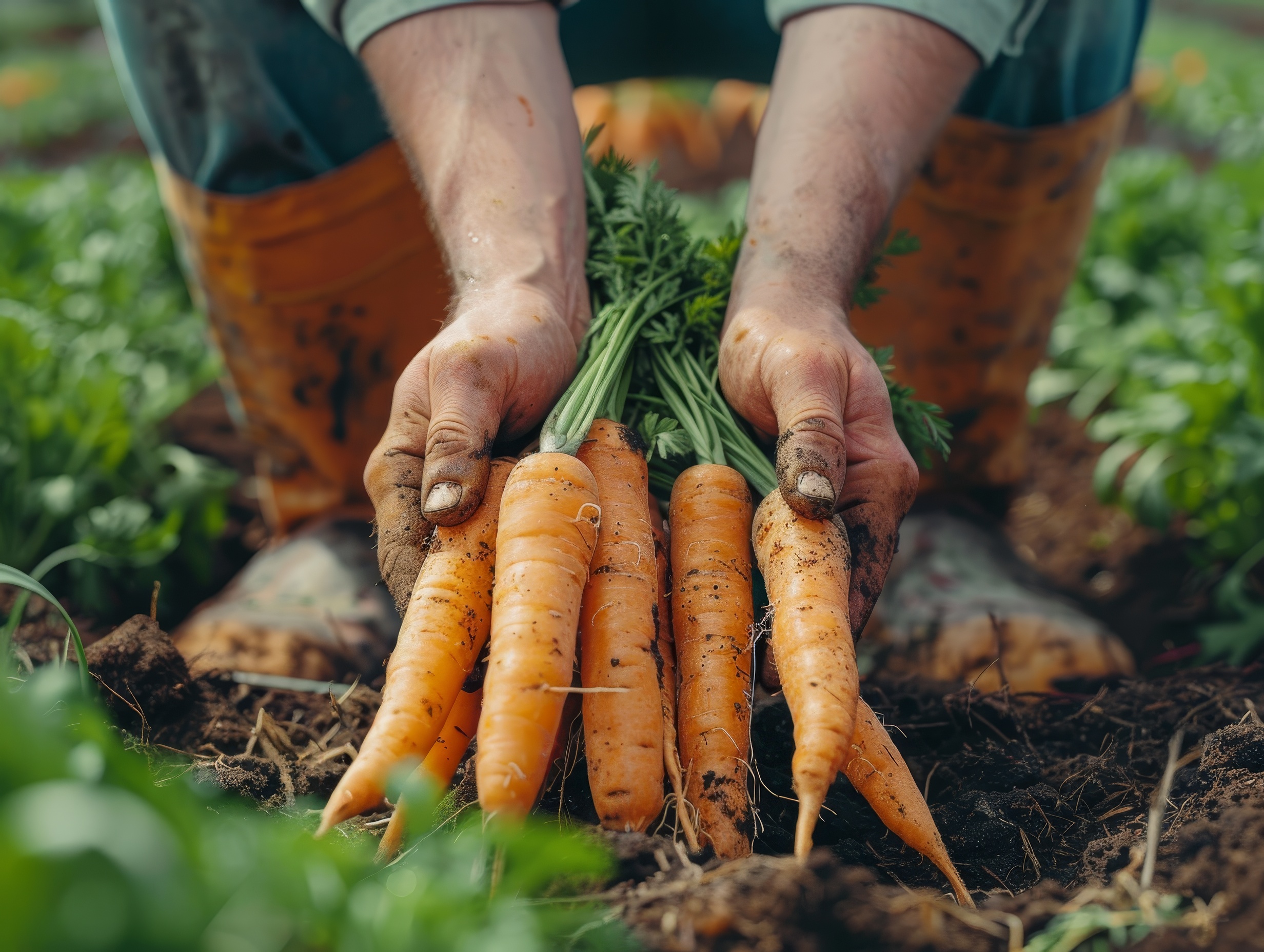 Hands pulling carrots from the carrot field