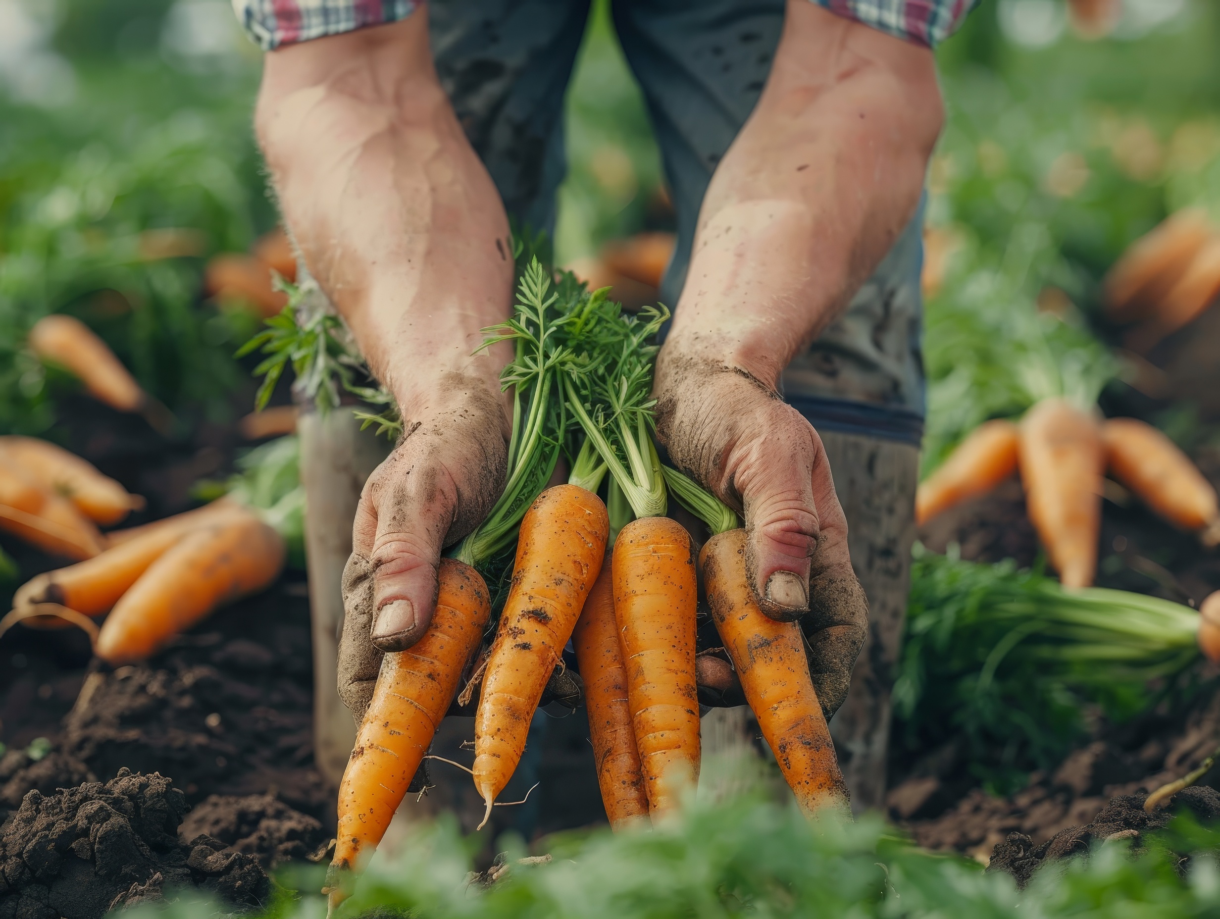 Hands pulling carrots from the carrot field