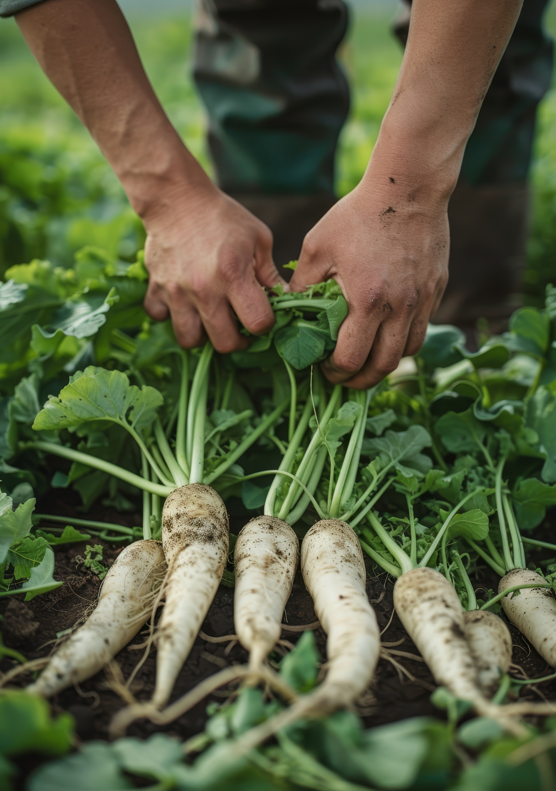 Hands pulling radishes from the radish field