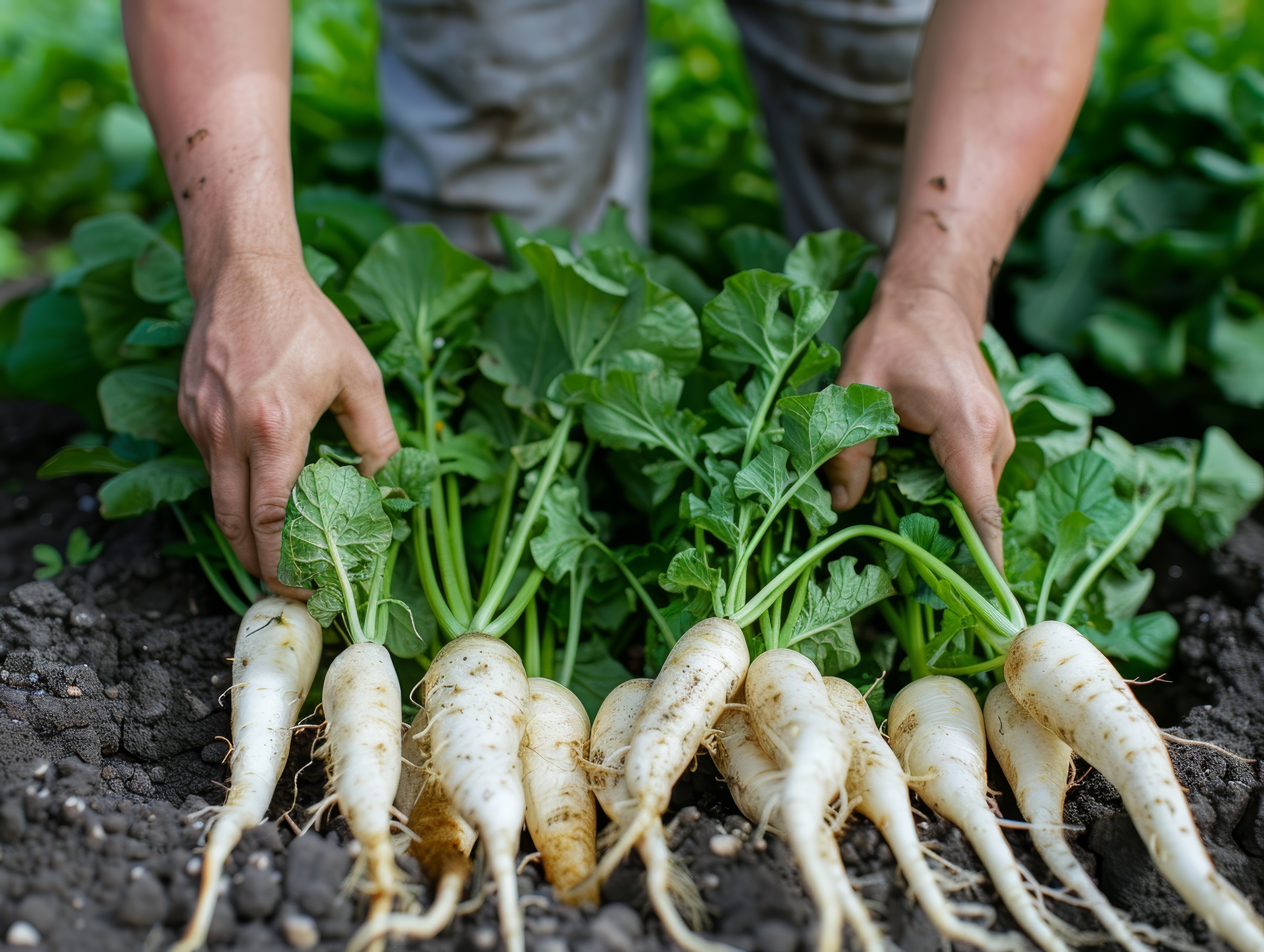 Hands pulling radishes from the radish field
