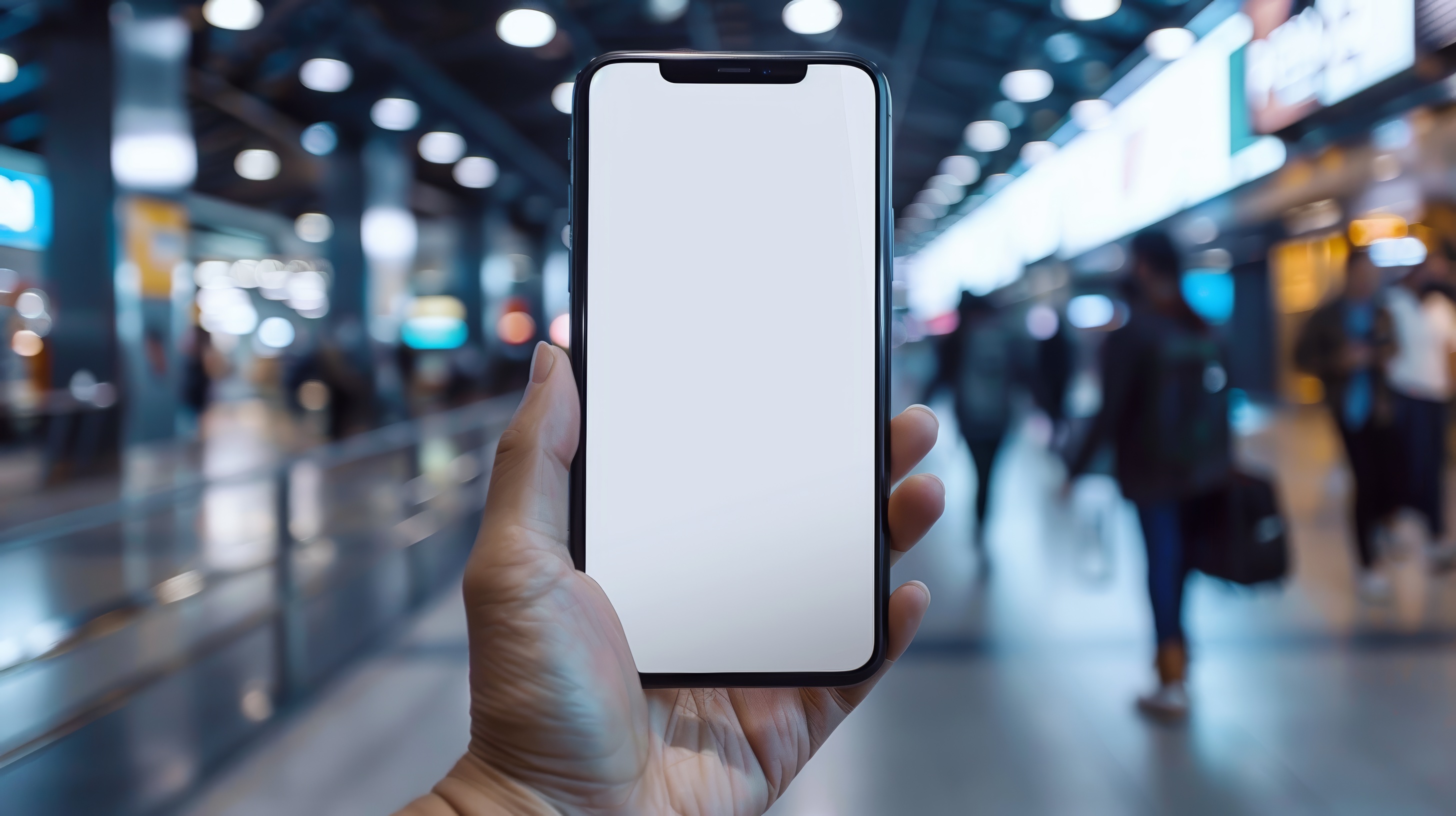 Image of hand holding mobile phone with white screen in blurred subway station background