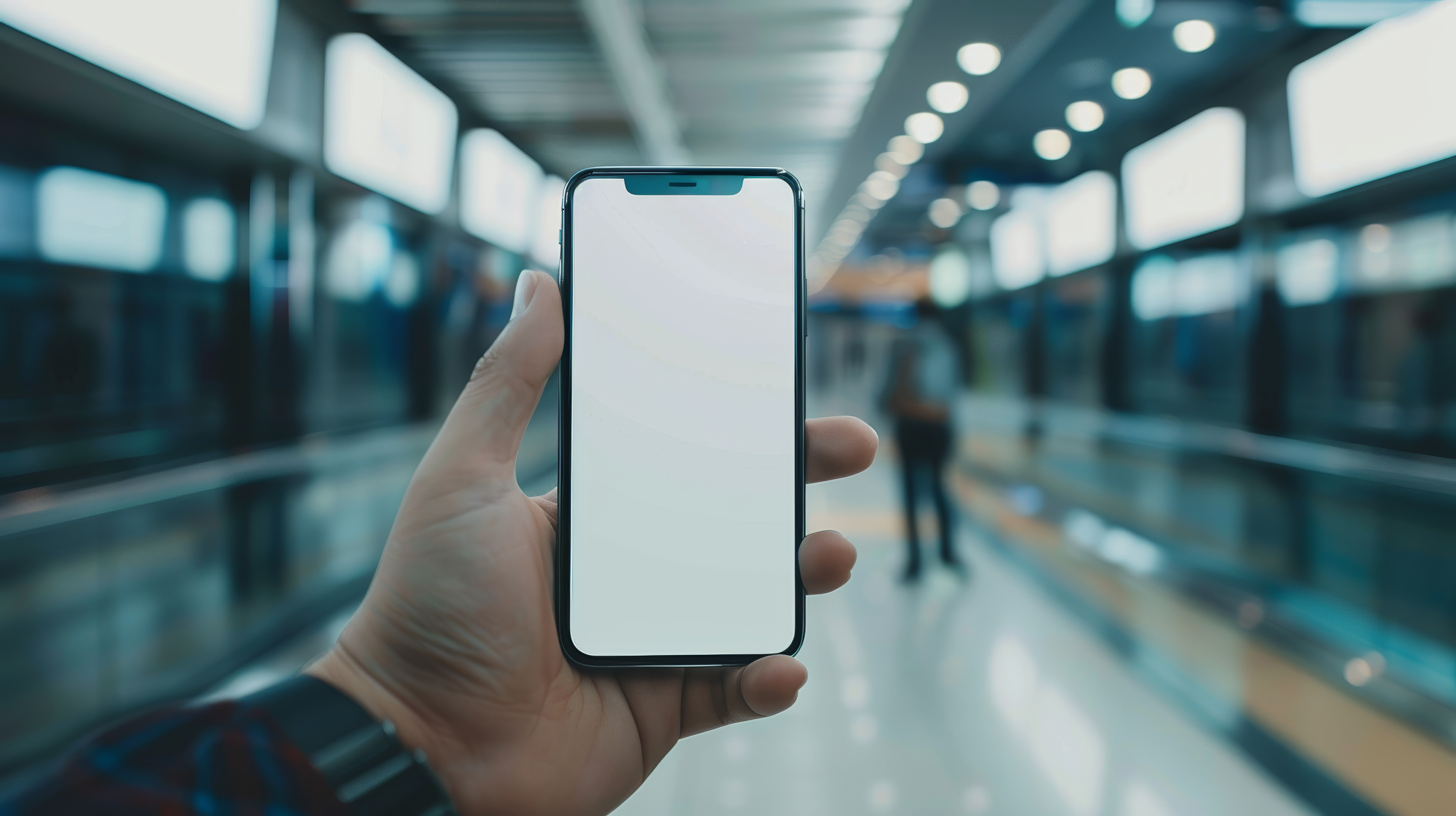 Image of hand holding mobile phone with white screen in blurred subway station background