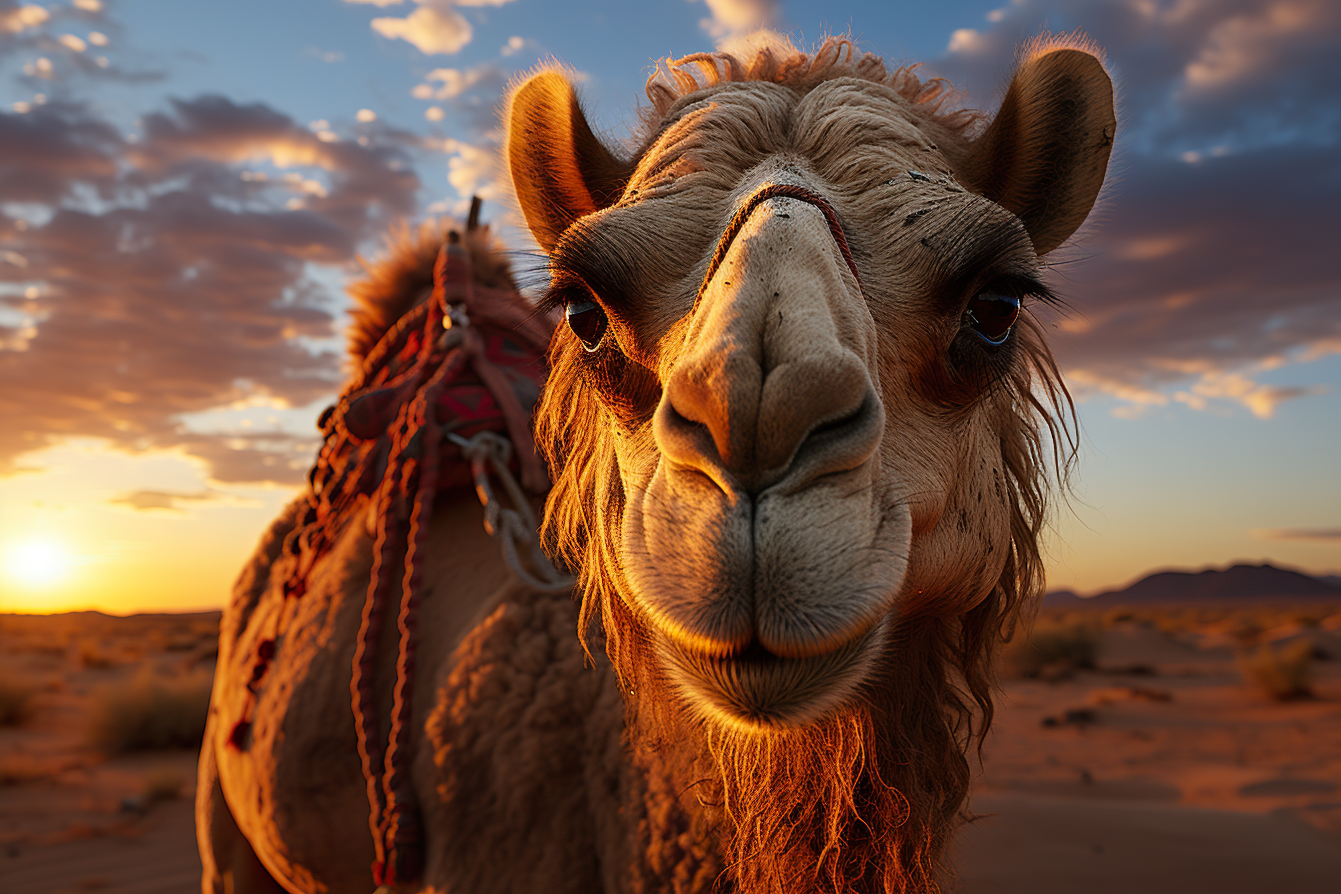 Impressive close-up shot of a camel with colorful intricate saddle back