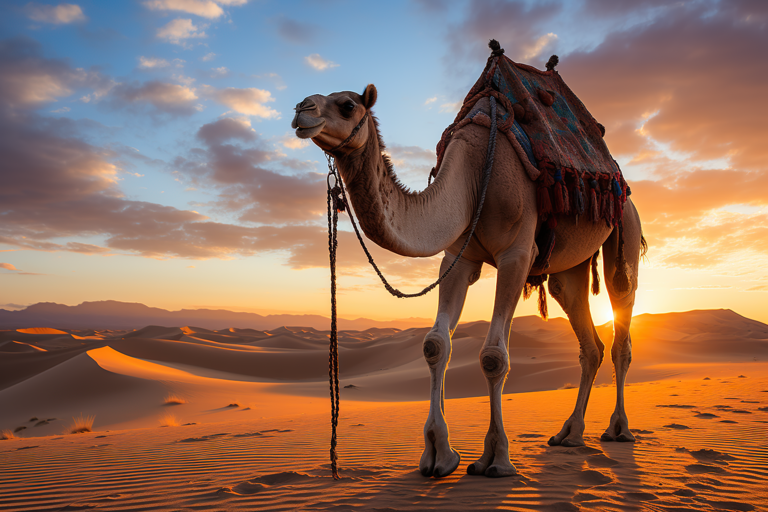 Impressive view of a camel with colorful intricate saddle back