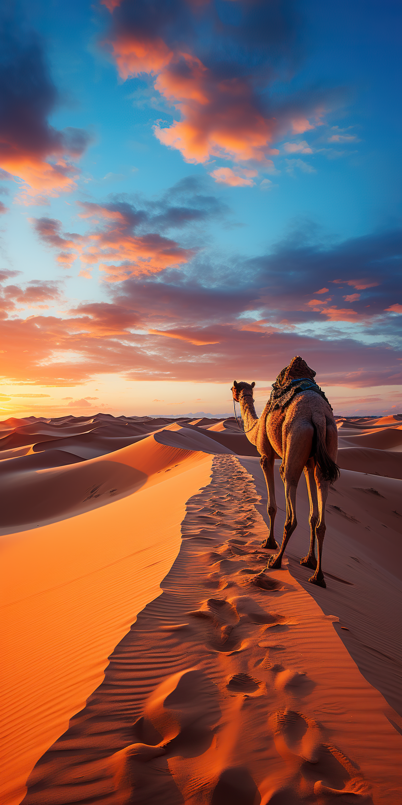 Impressive view of a camel with colorful intricate saddle back