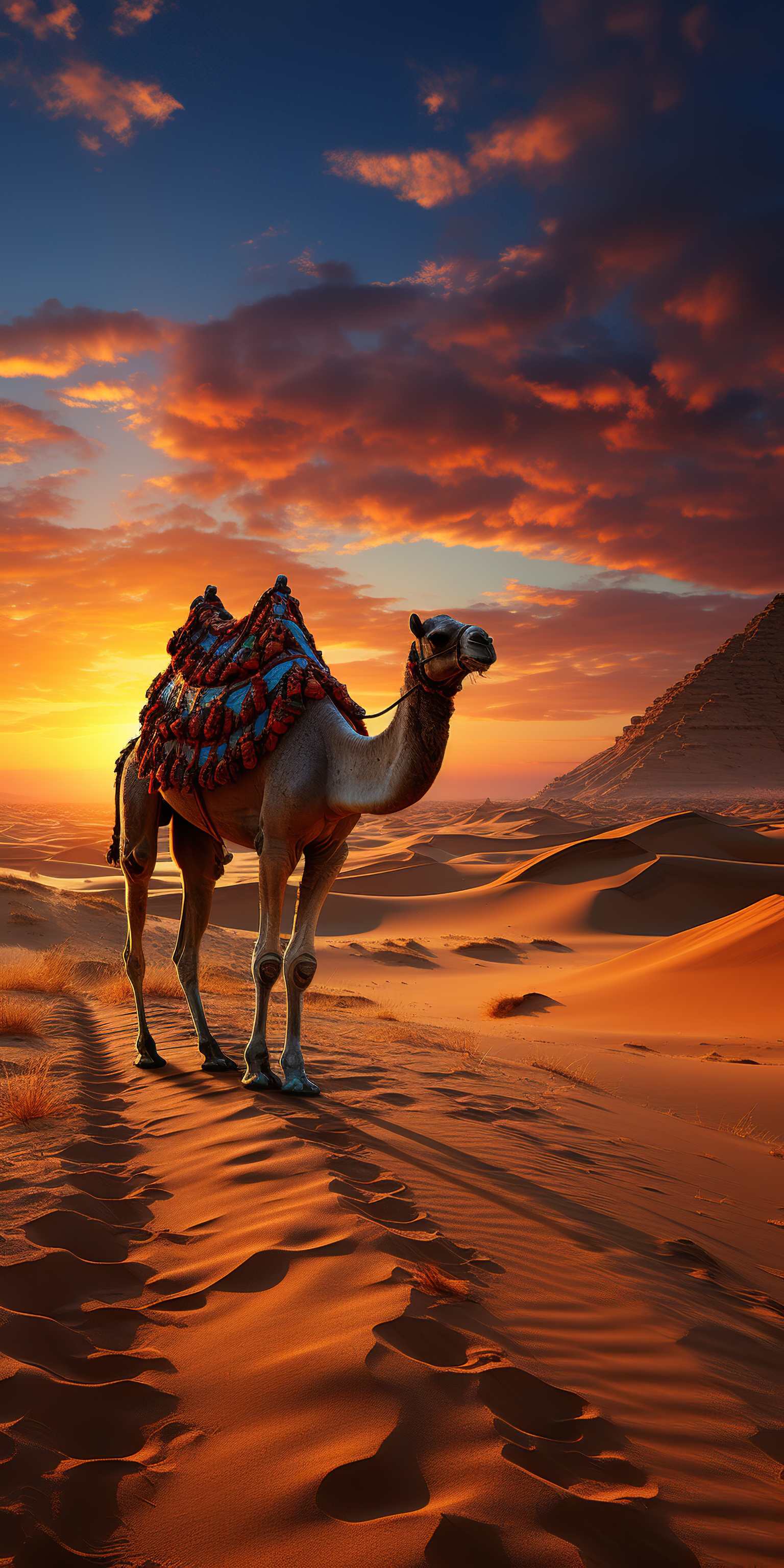 Impressive view of a camel with colorful intricate saddle back