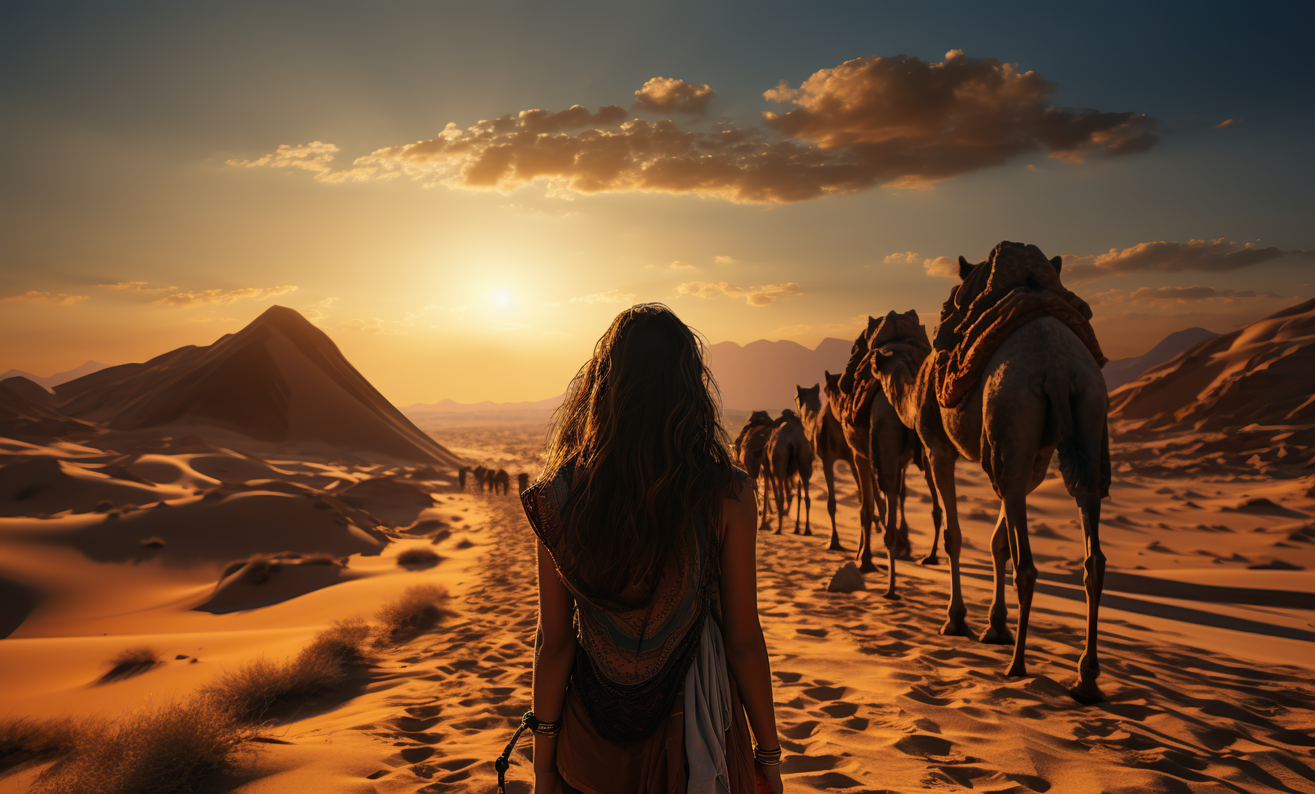 Impressive view of a girl looking to camels with colorful intricate saddle back