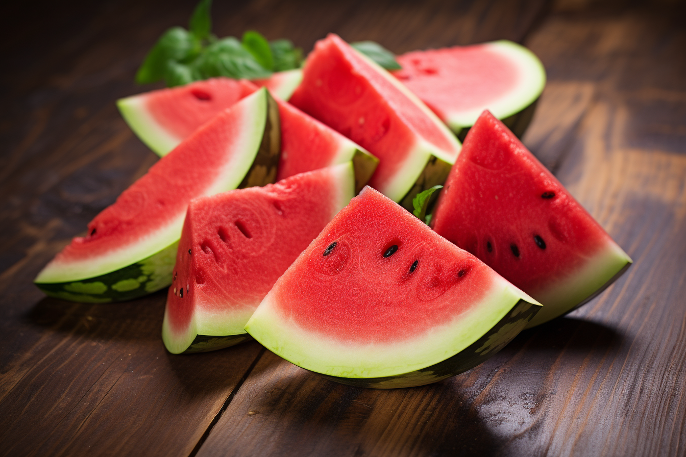 Juicy watermelon slices on wooden table