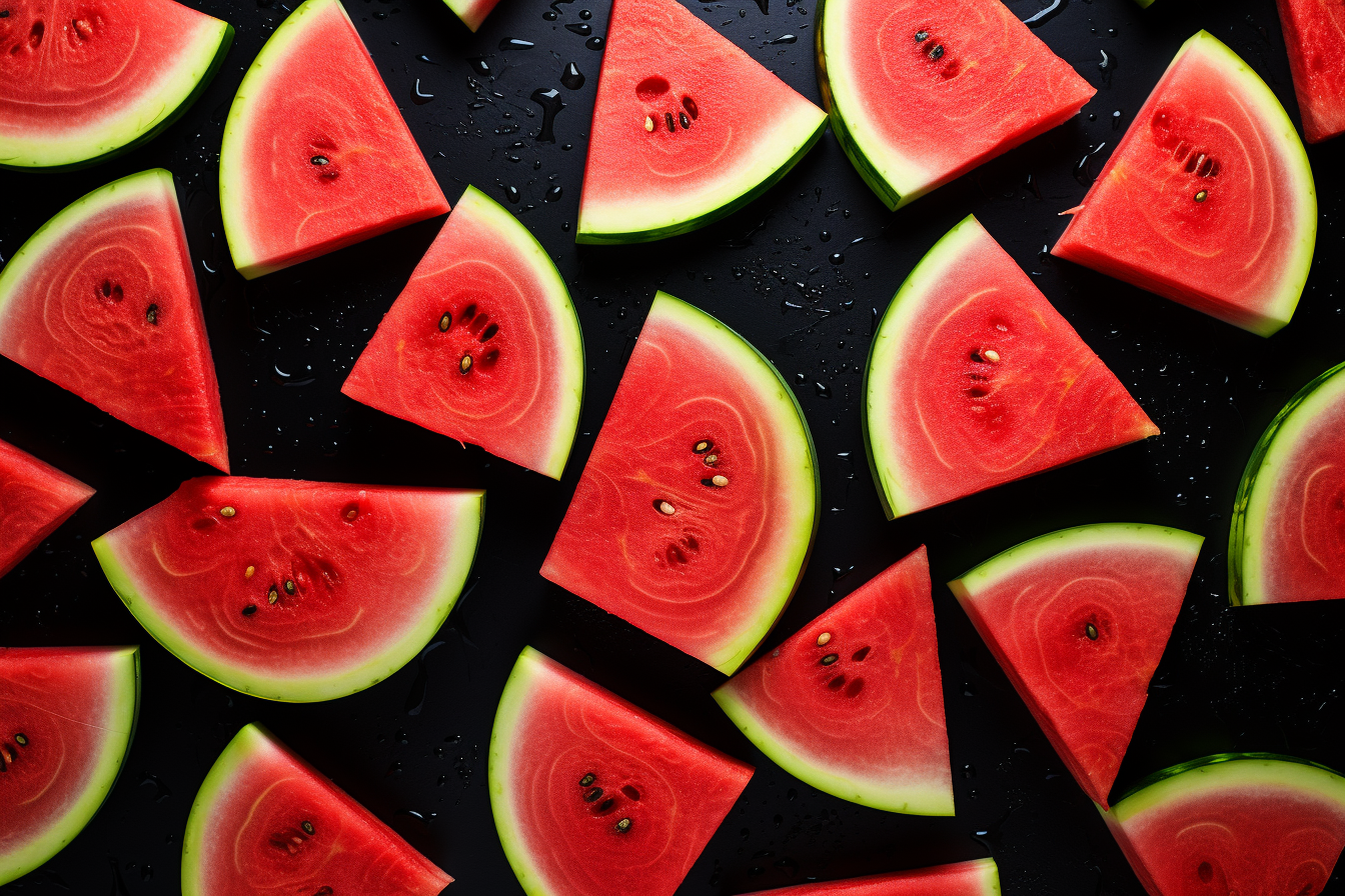 Juicy watermelon slices with water drops on black background