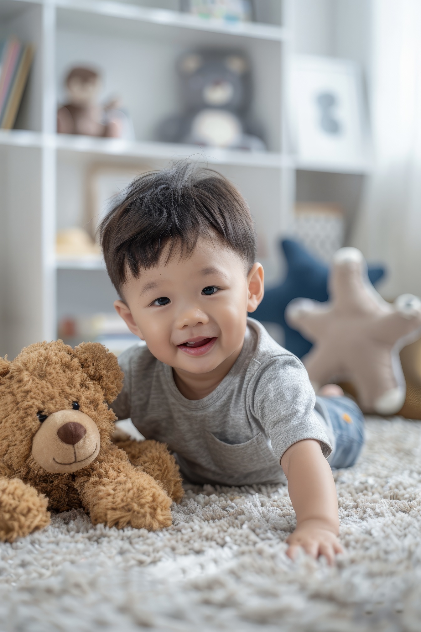 Little baby boy playing at home with teddy bear toys, Generative AI