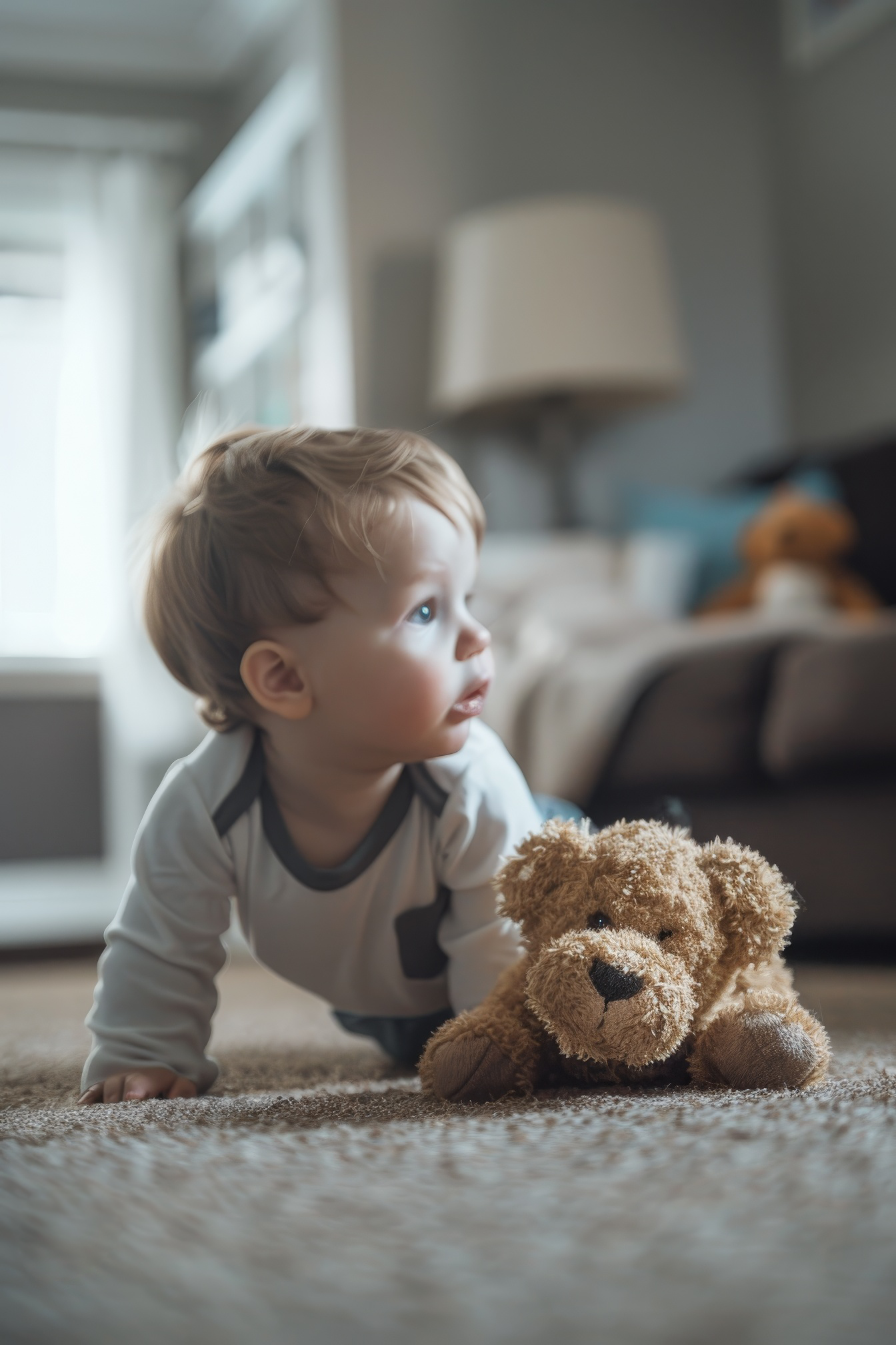 Little baby boy playing at home with teddy bear toys, Generative AI