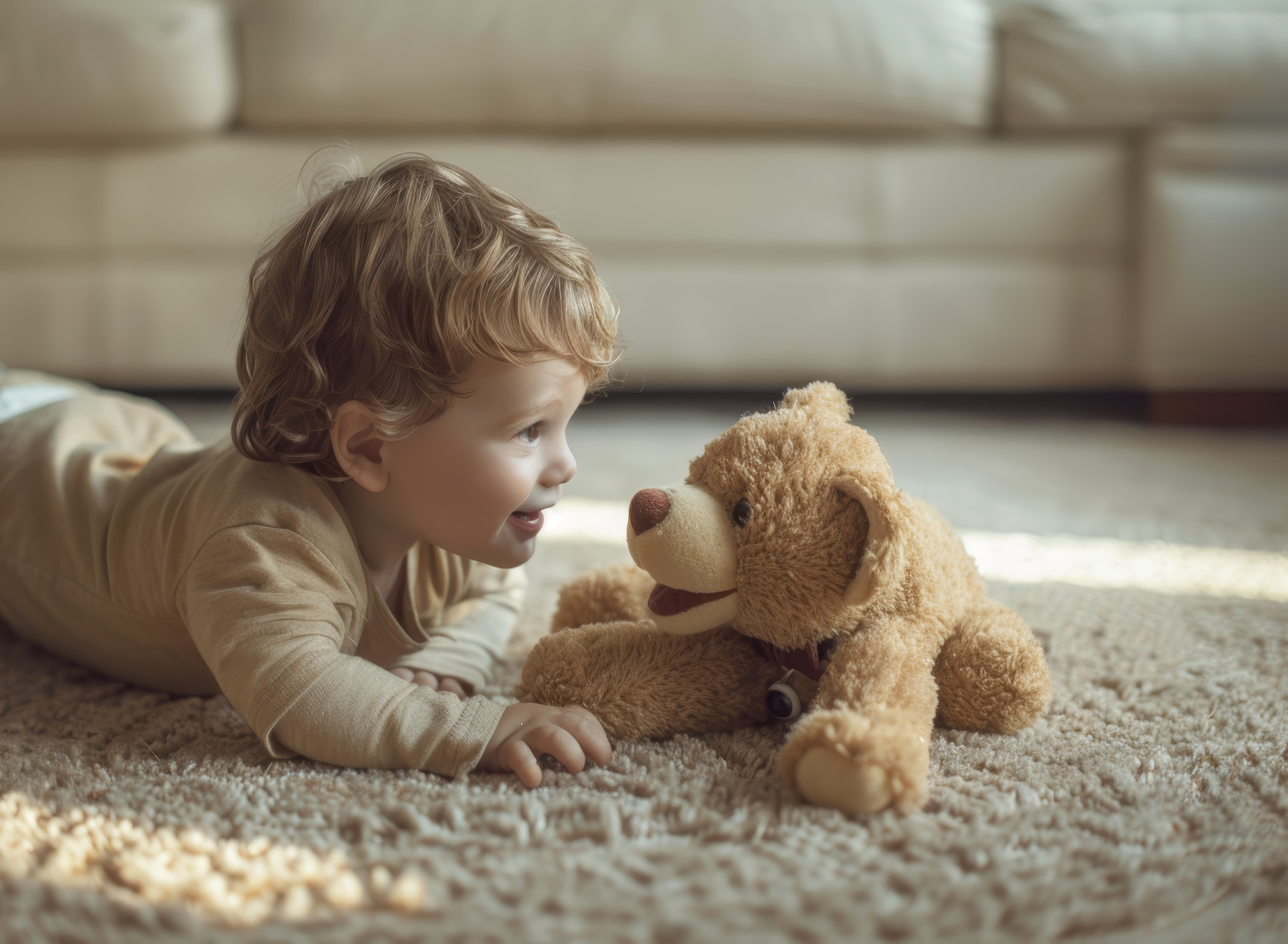 Little baby boy playing at home with teddy bear toys, Generative AI