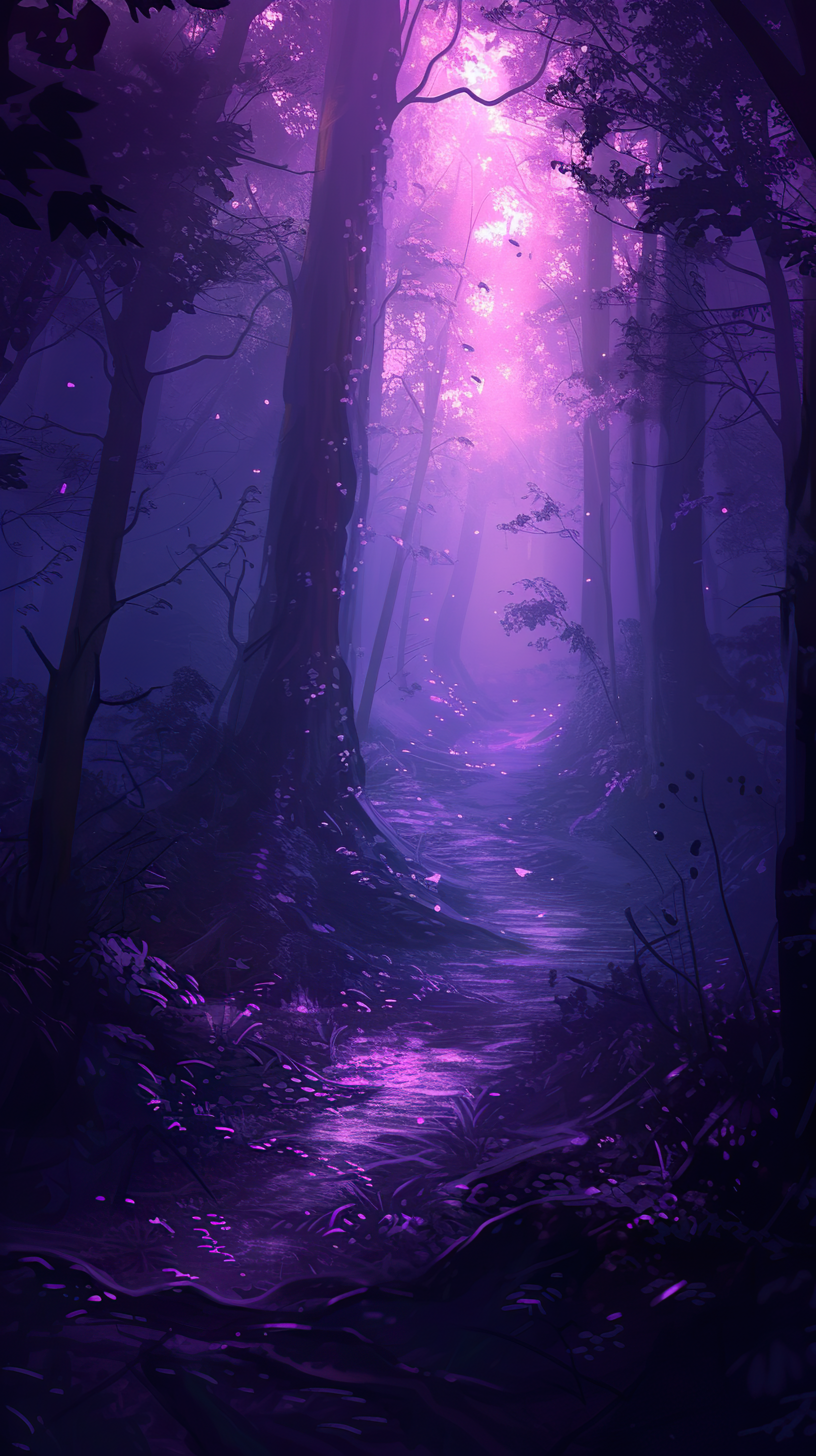 Magical purple colored foggy forest