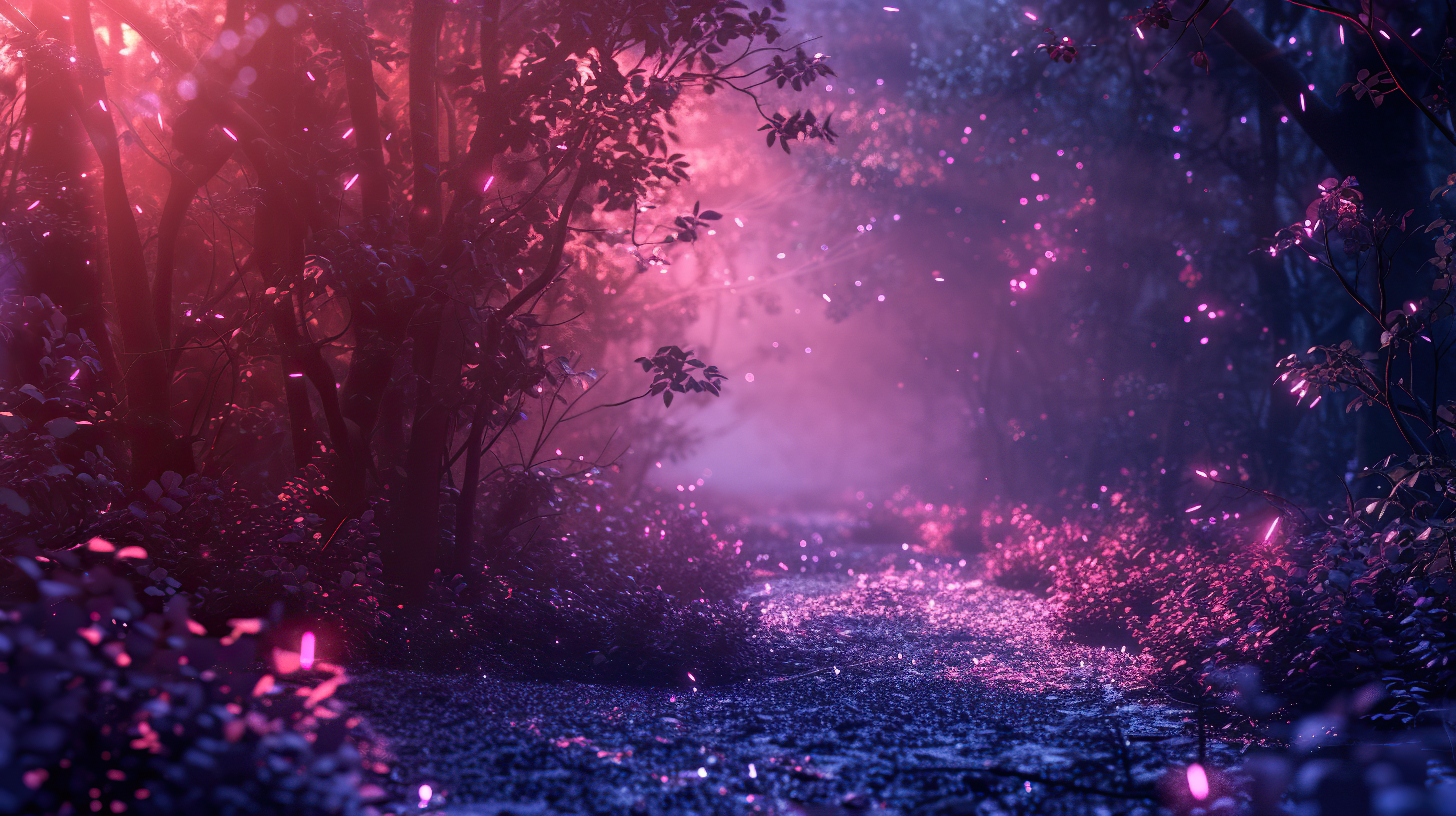 Magical purple colored foggy forest