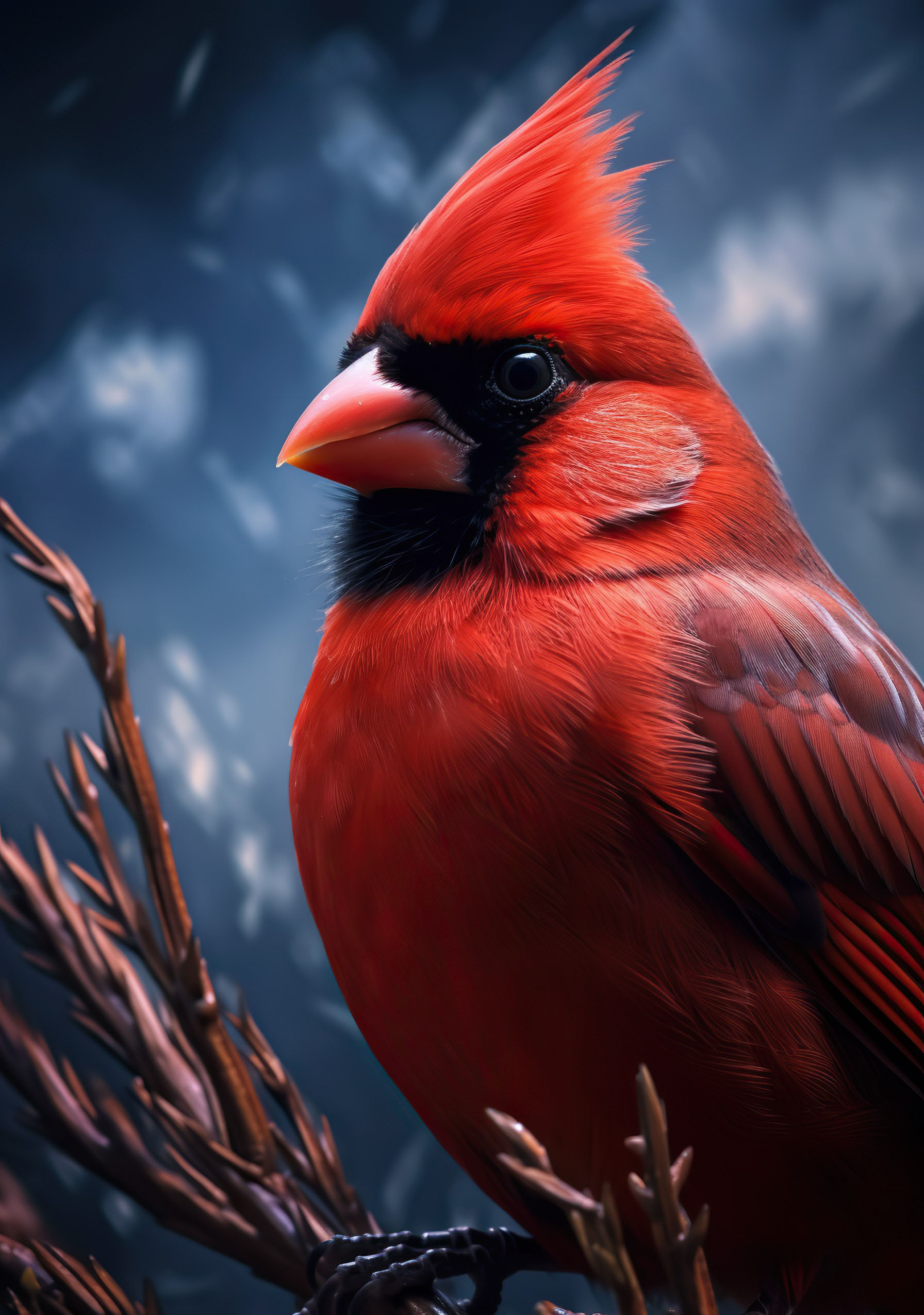 Male Red Northern Cardinal Perched with Dark Background
