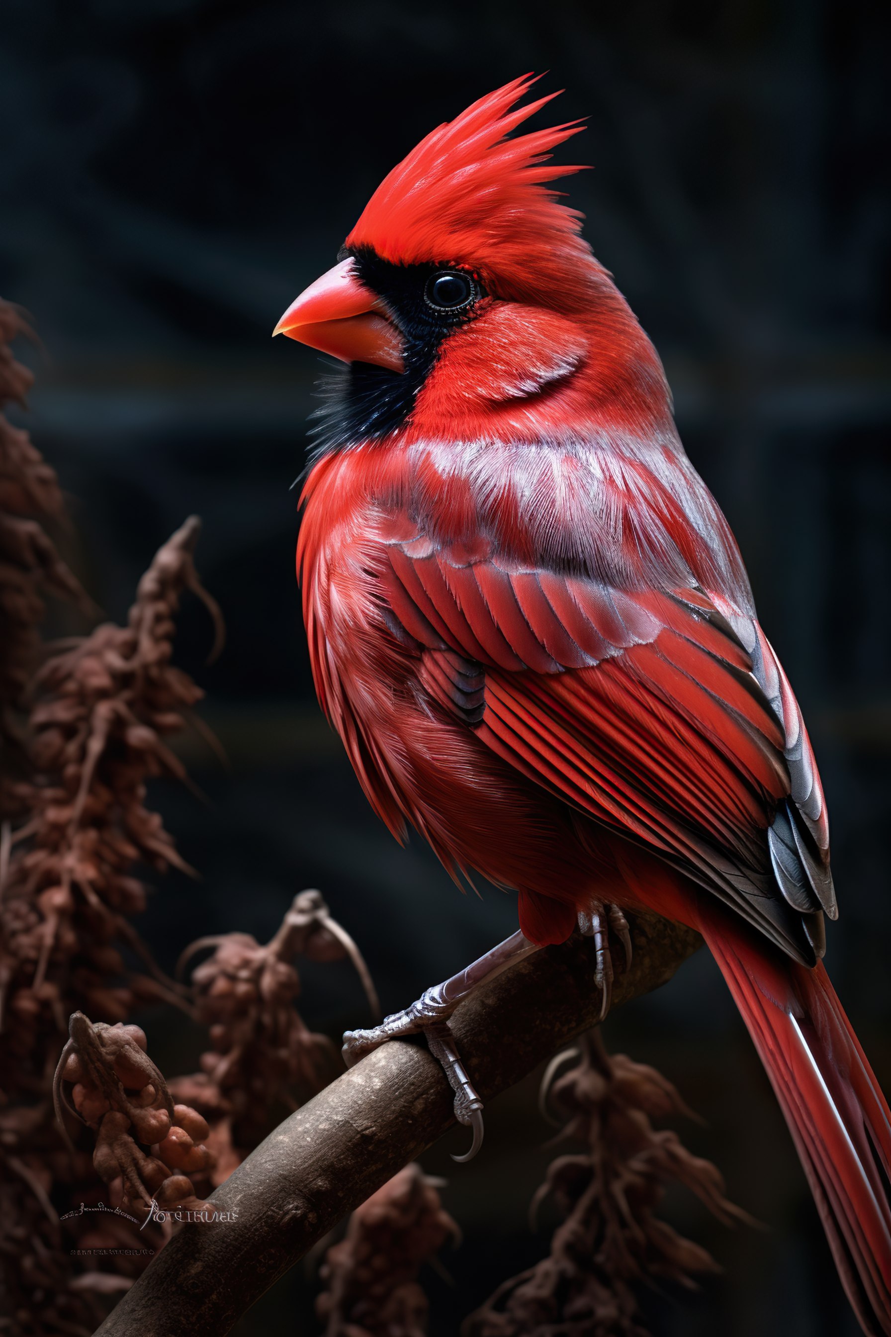 Male Red Northern Cardinal Perched with Dark Background